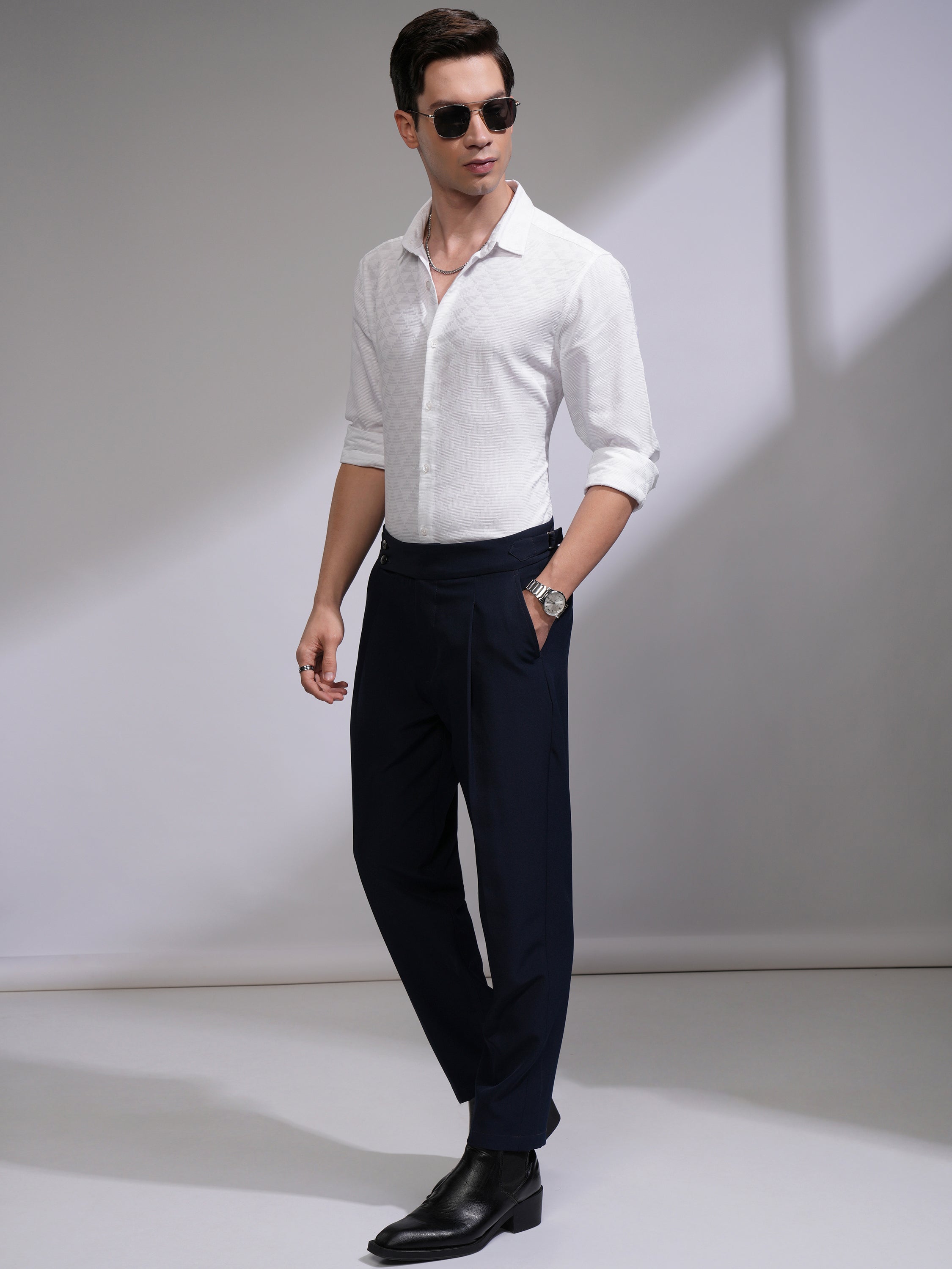 Highlander Men White Self Design Slim Fit Casual Shirt - White - Image 2