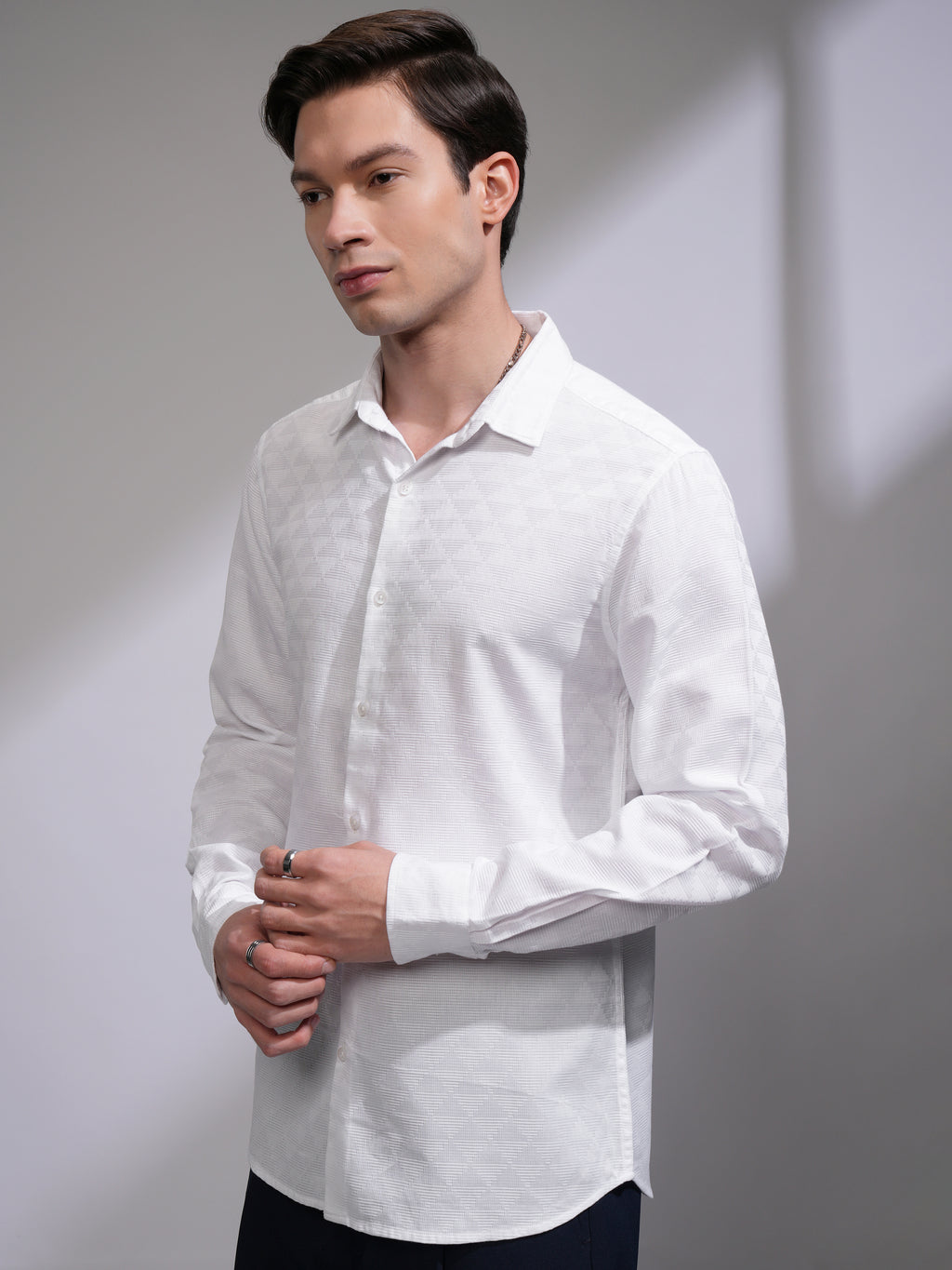 Highlander Men White Self Design Slim Fit Casual Shirt - White - Image 4