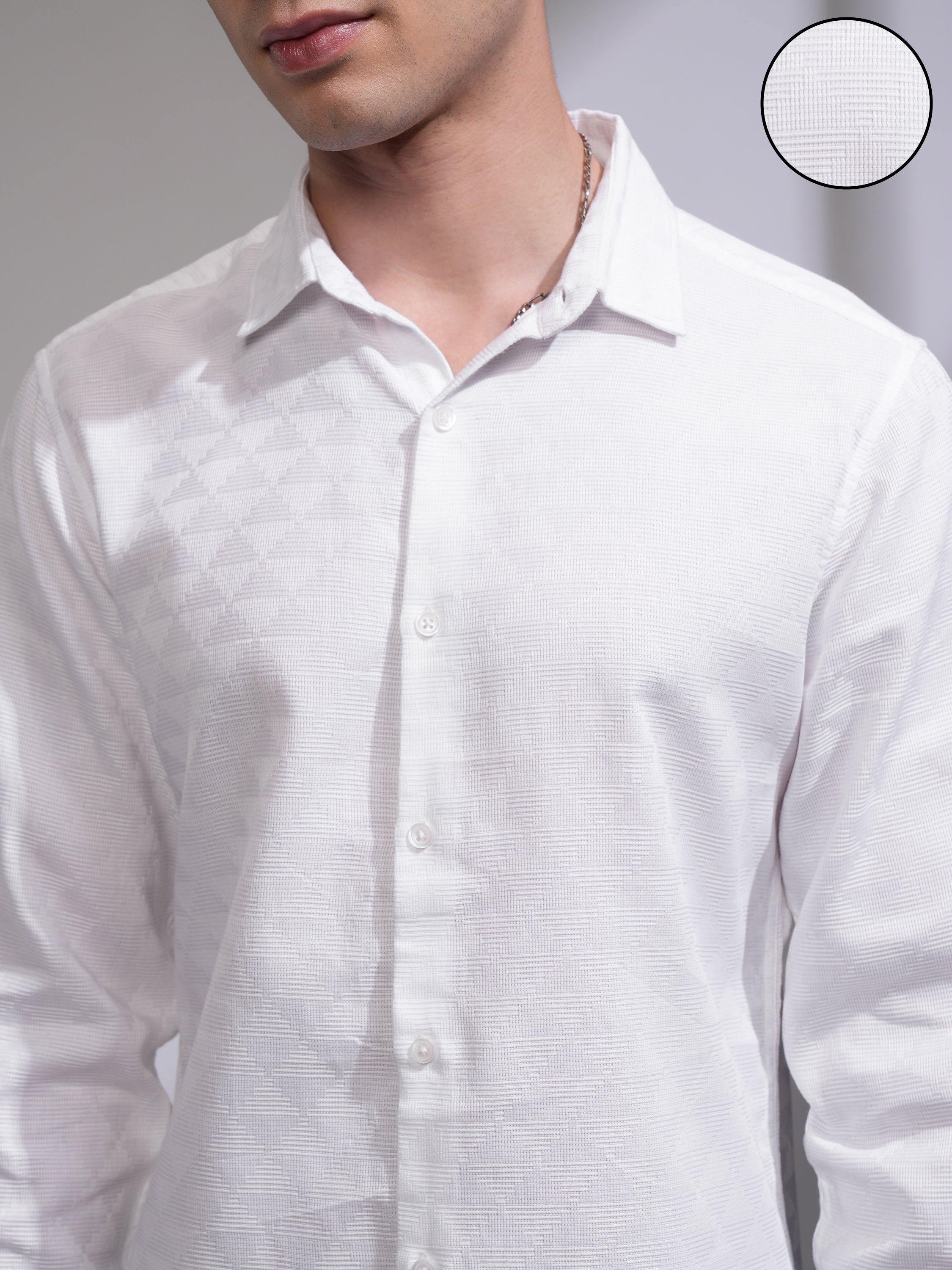 Highlander Men White Self Design Slim Fit Casual Shirt - White - Image 5