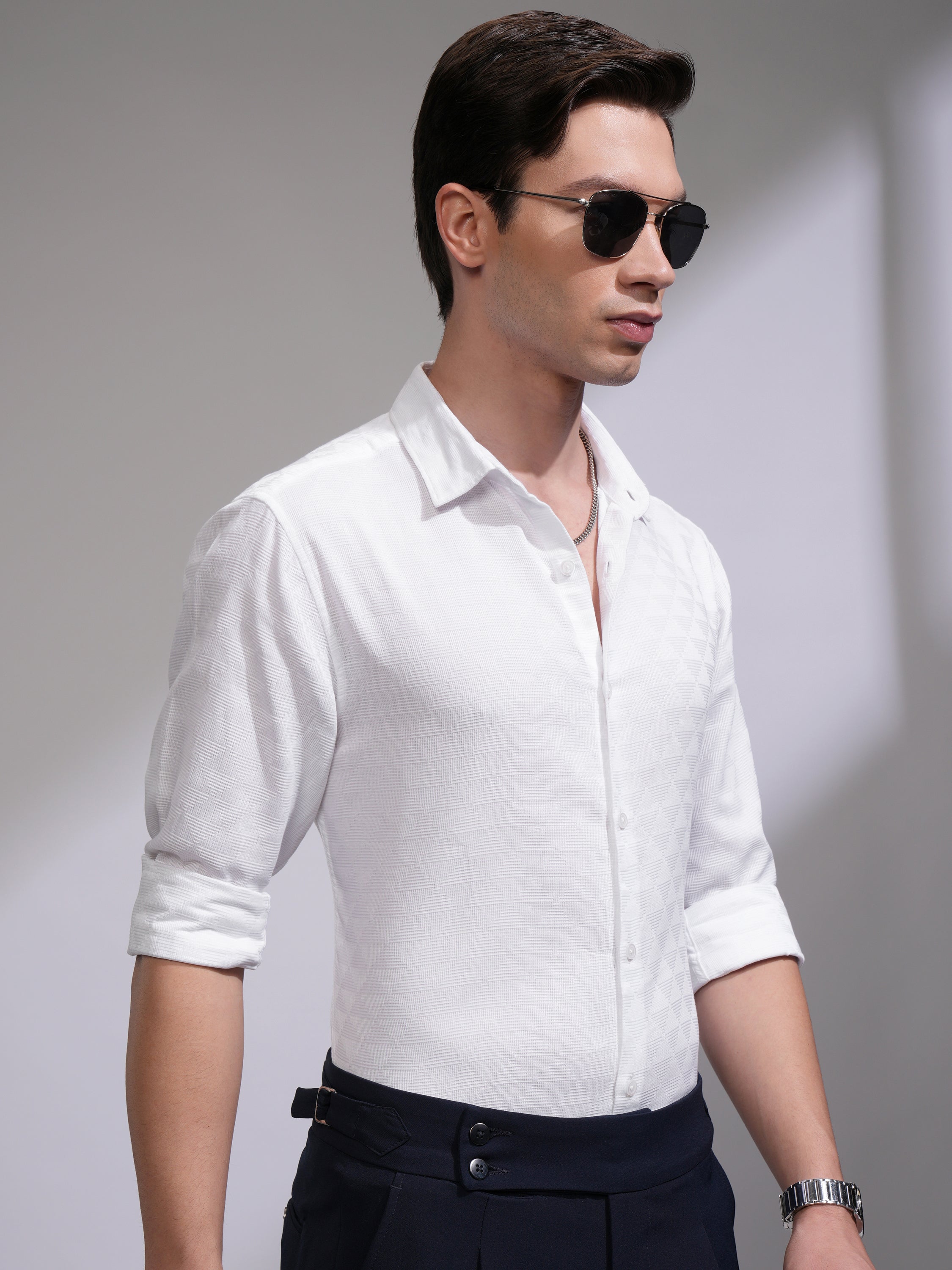 Highlander Men White Self Design Slim Fit Casual Shirt - White - Image 6