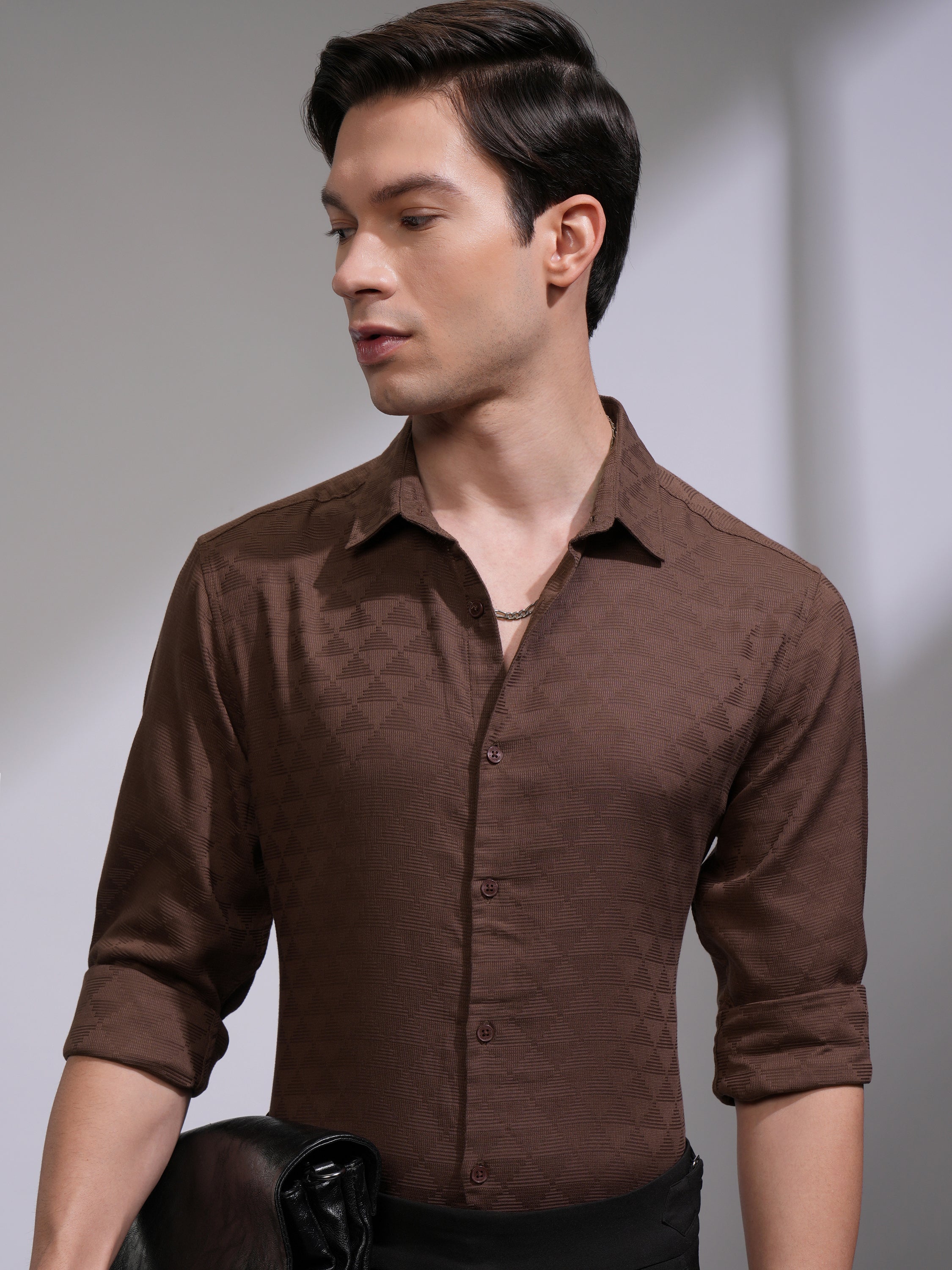 Highlander Men Brown Self Design Slim Fit Casual Shirt - Brown - Image 1