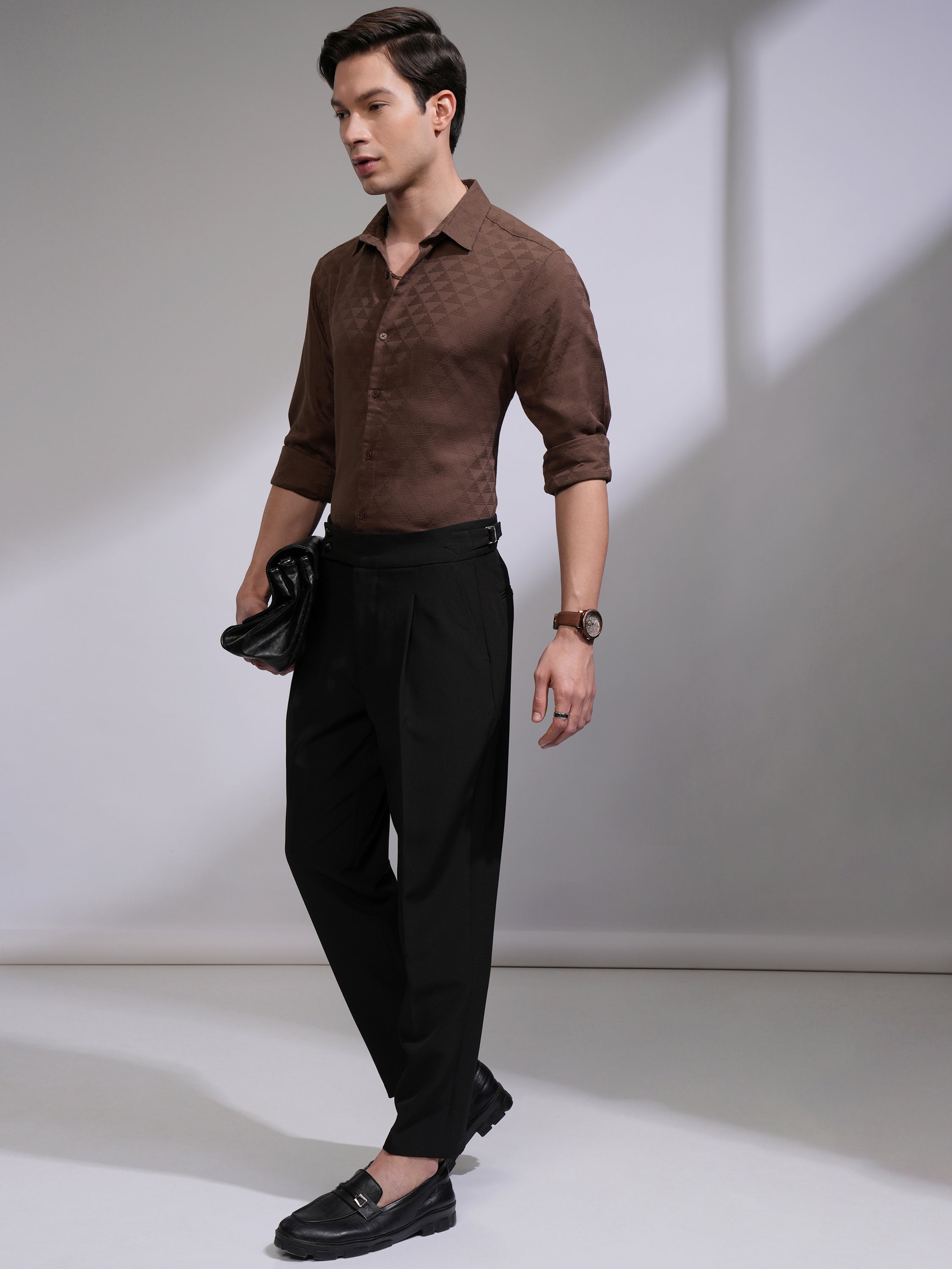 Highlander Men Brown Self Design Slim Fit Casual Shirt - Brown - Image 2