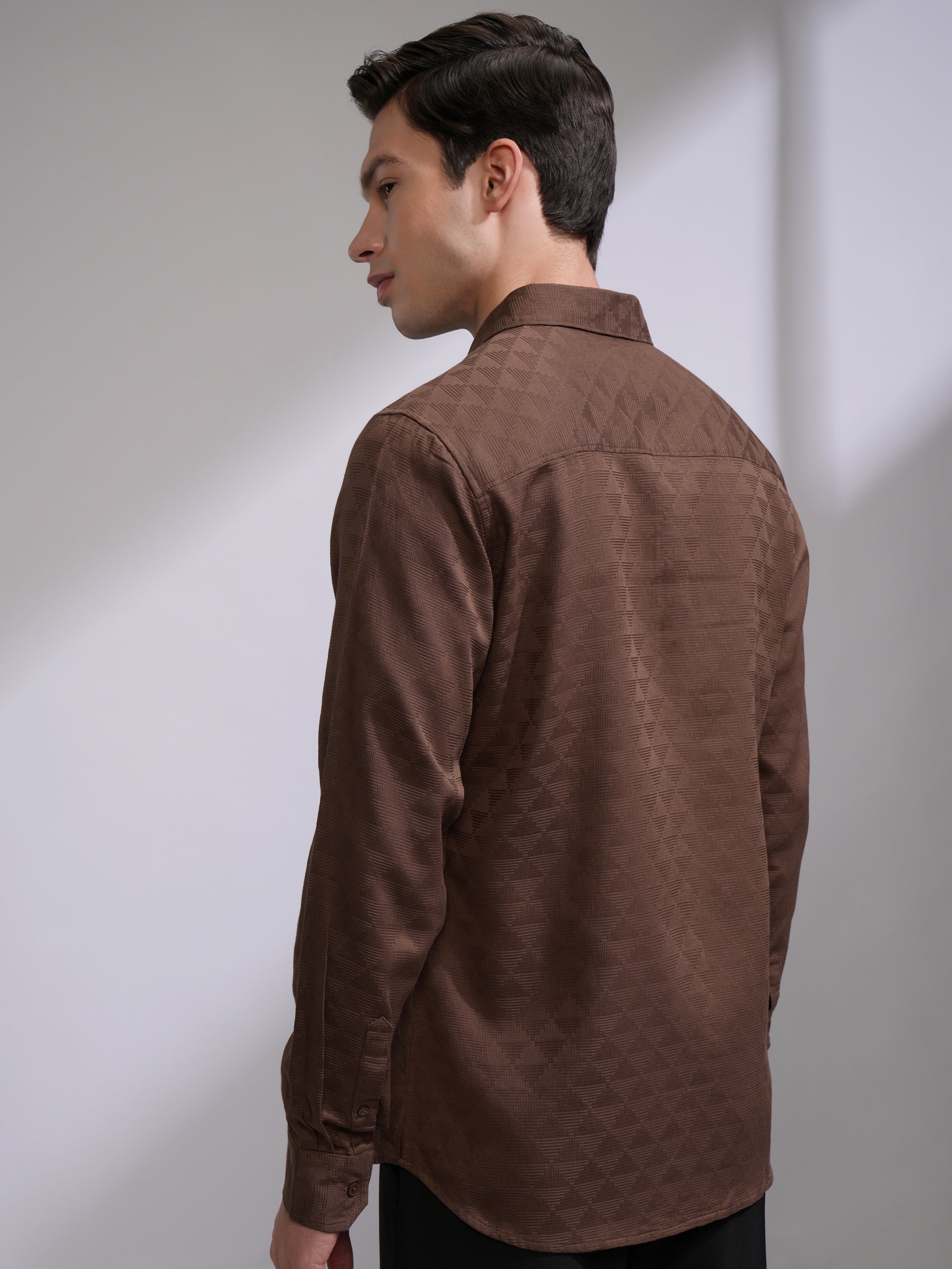 Highlander Men Brown Self Design Slim Fit Casual Shirt - Brown - Image 3