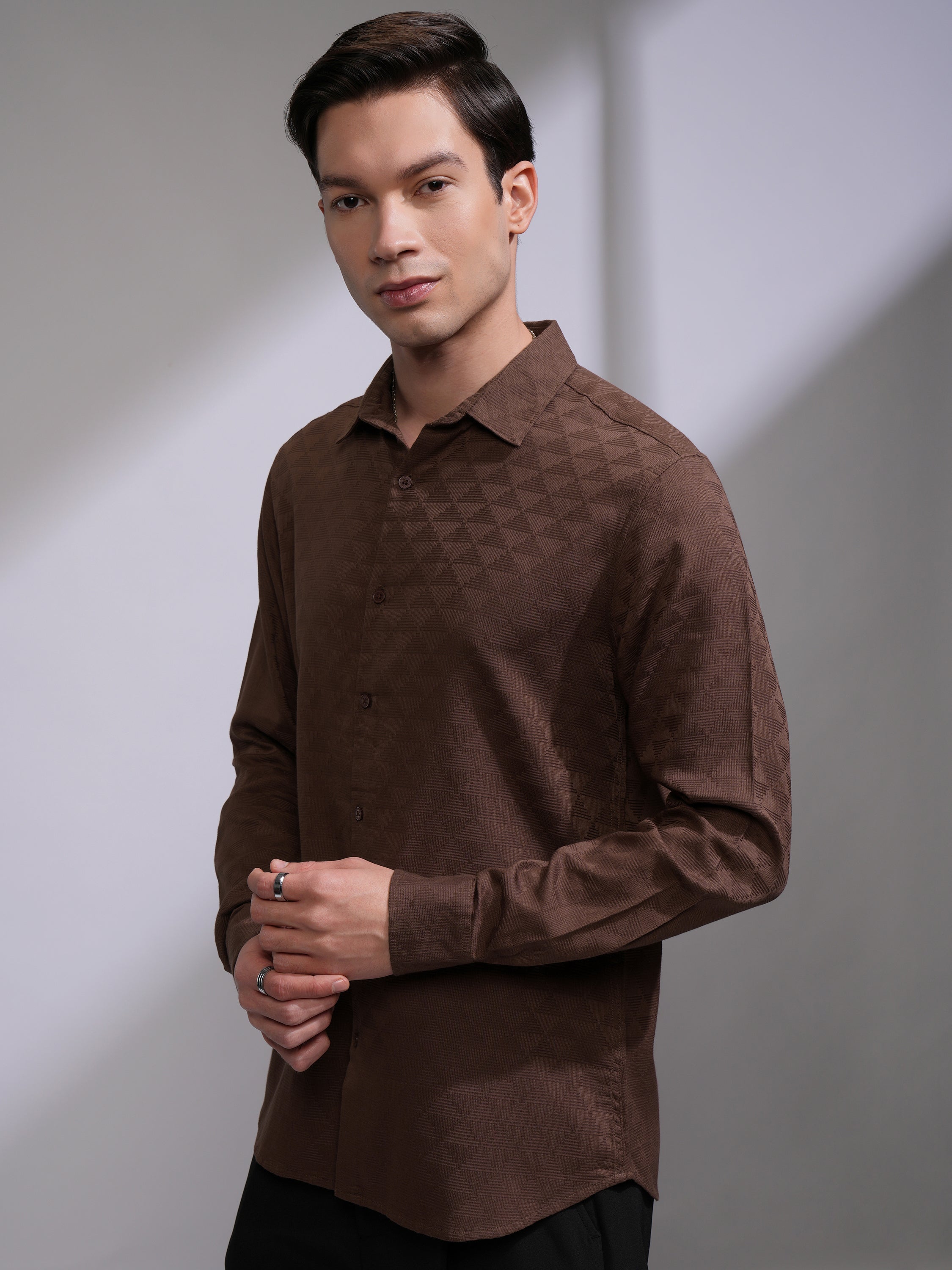 Highlander Men Brown Self Design Slim Fit Casual Shirt - Brown - Image 4