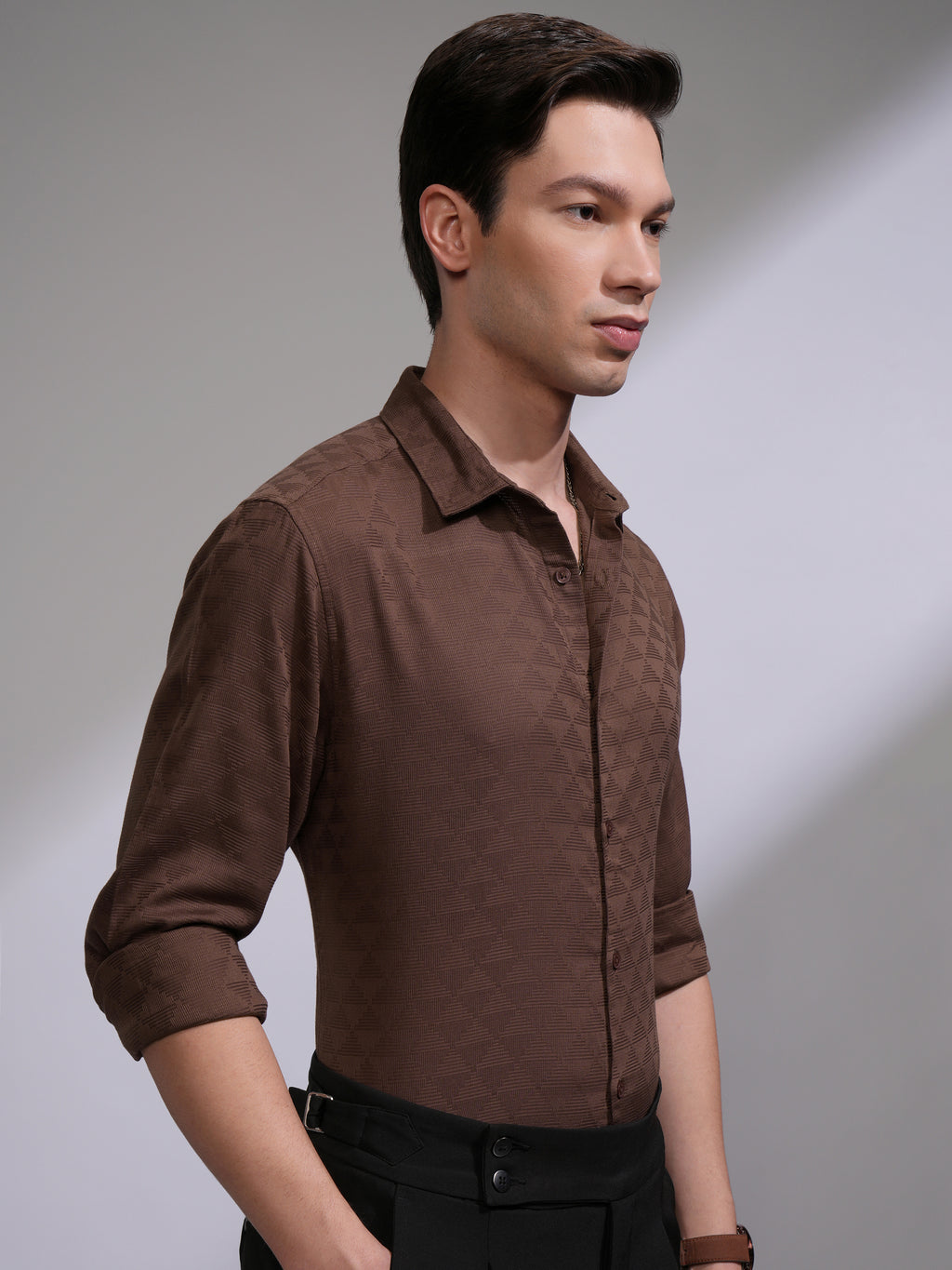 Highlander Men Brown Self Design Slim Fit Casual Shirt - Brown - Image 6
