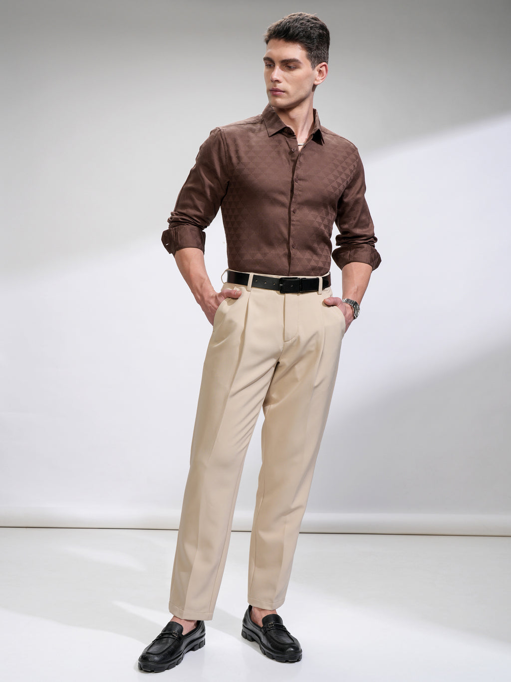 Highlander Men Brown Self Design Slim Fit Casual Shirt - Brown - Image 2