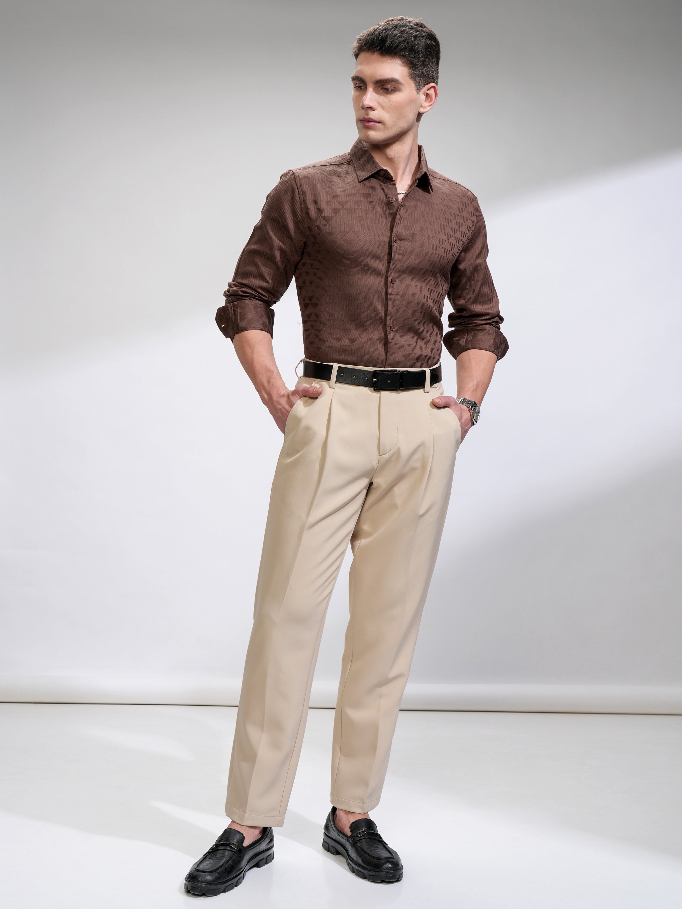 Highlander Men Brown Self Design Slim Fit Casual Shirt - Brown - Image 2