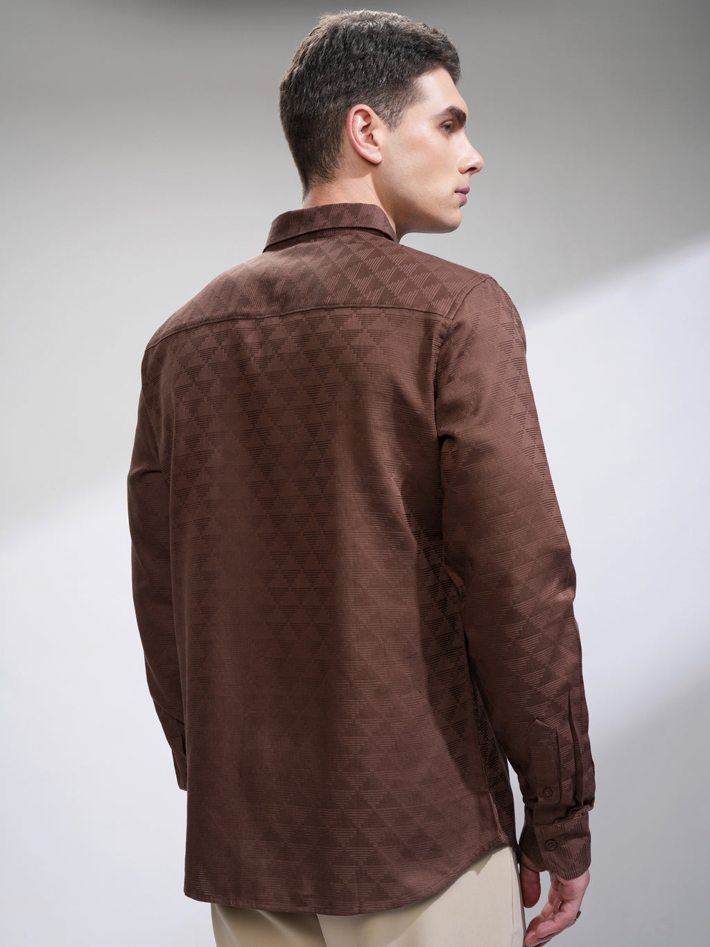 Highlander Men Brown Self Design Slim Fit Casual Shirt - Brown - Image 3