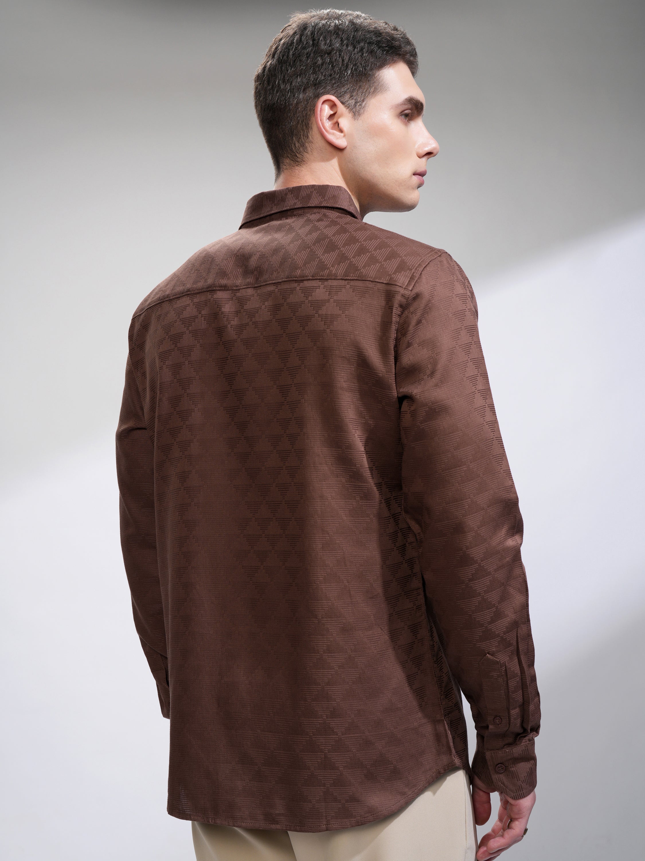 Highlander Men Brown Self Design Slim Fit Casual Shirt - Brown - Image 3