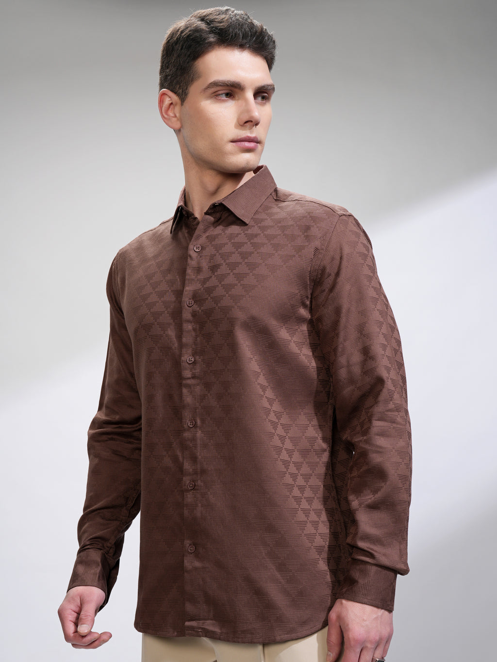 Highlander Men Brown Self Design Slim Fit Casual Shirt - Brown - Image 4