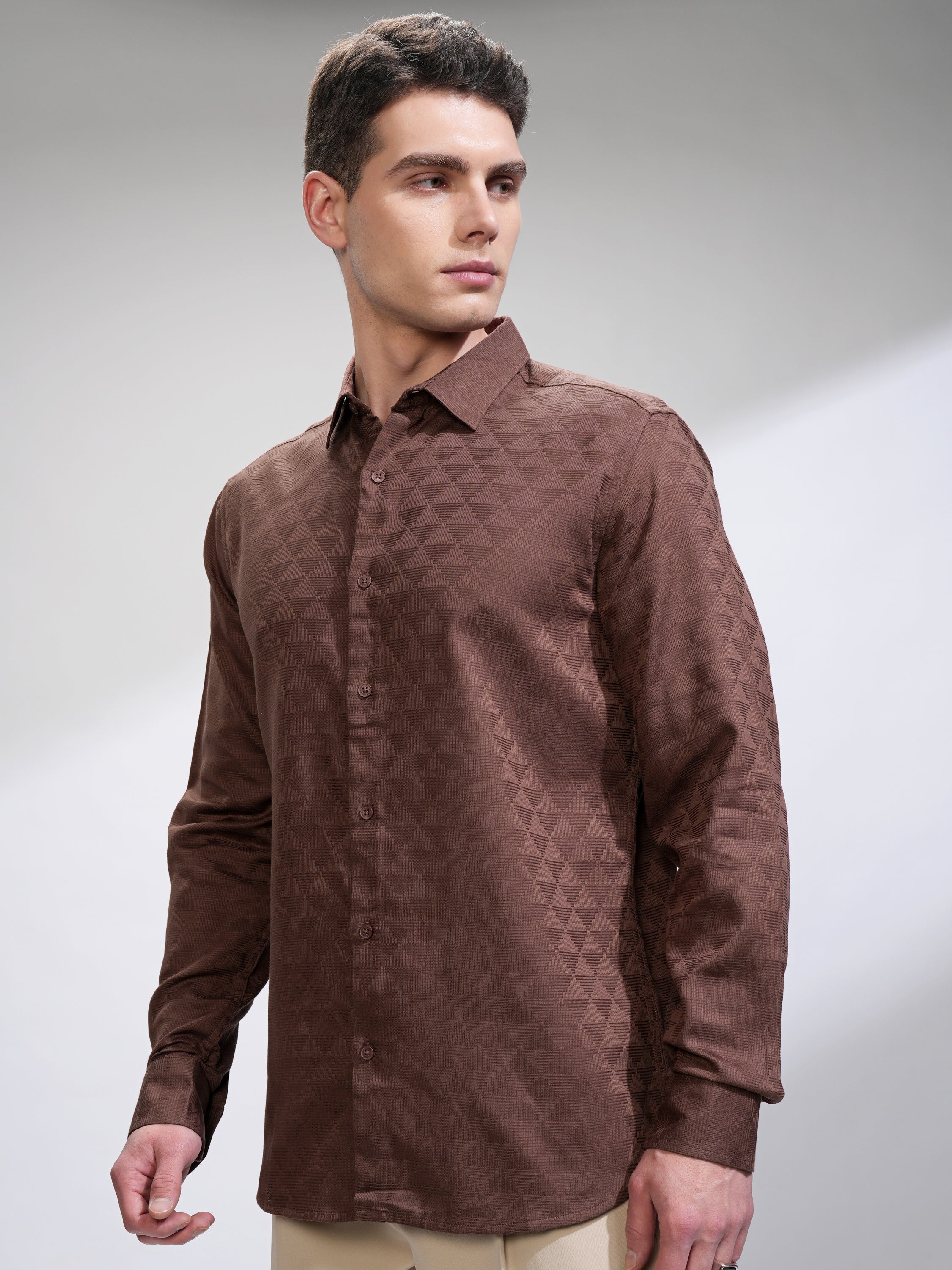 Highlander Men Brown Self Design Slim Fit Casual Shirt - Brown - Image 4