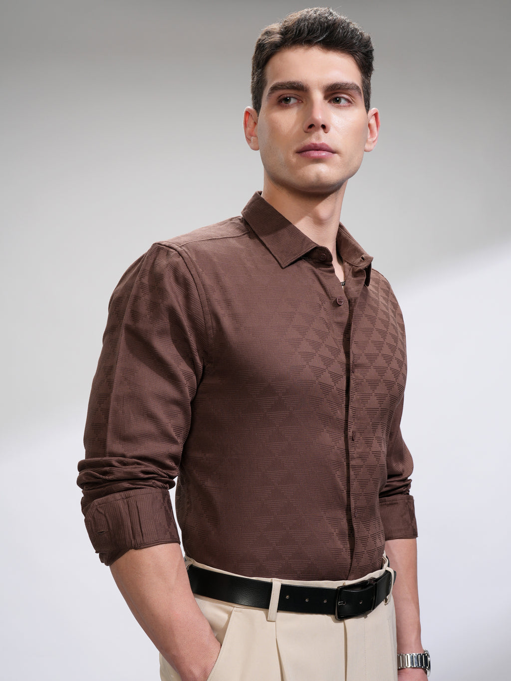 Highlander Men Brown Self Design Slim Fit Casual Shirt - Brown - Image 6