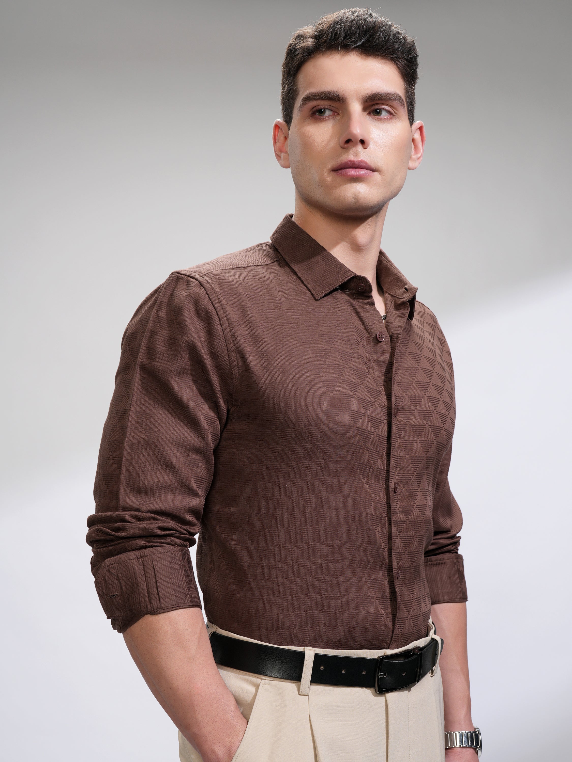 Highlander Men Brown Self Design Slim Fit Casual Shirt - Brown - Image 6