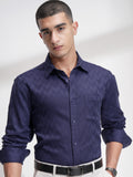 Highlander Men Navy Blue Self Design Slim Fit Casual Shirt - Navy Blue - Image 1