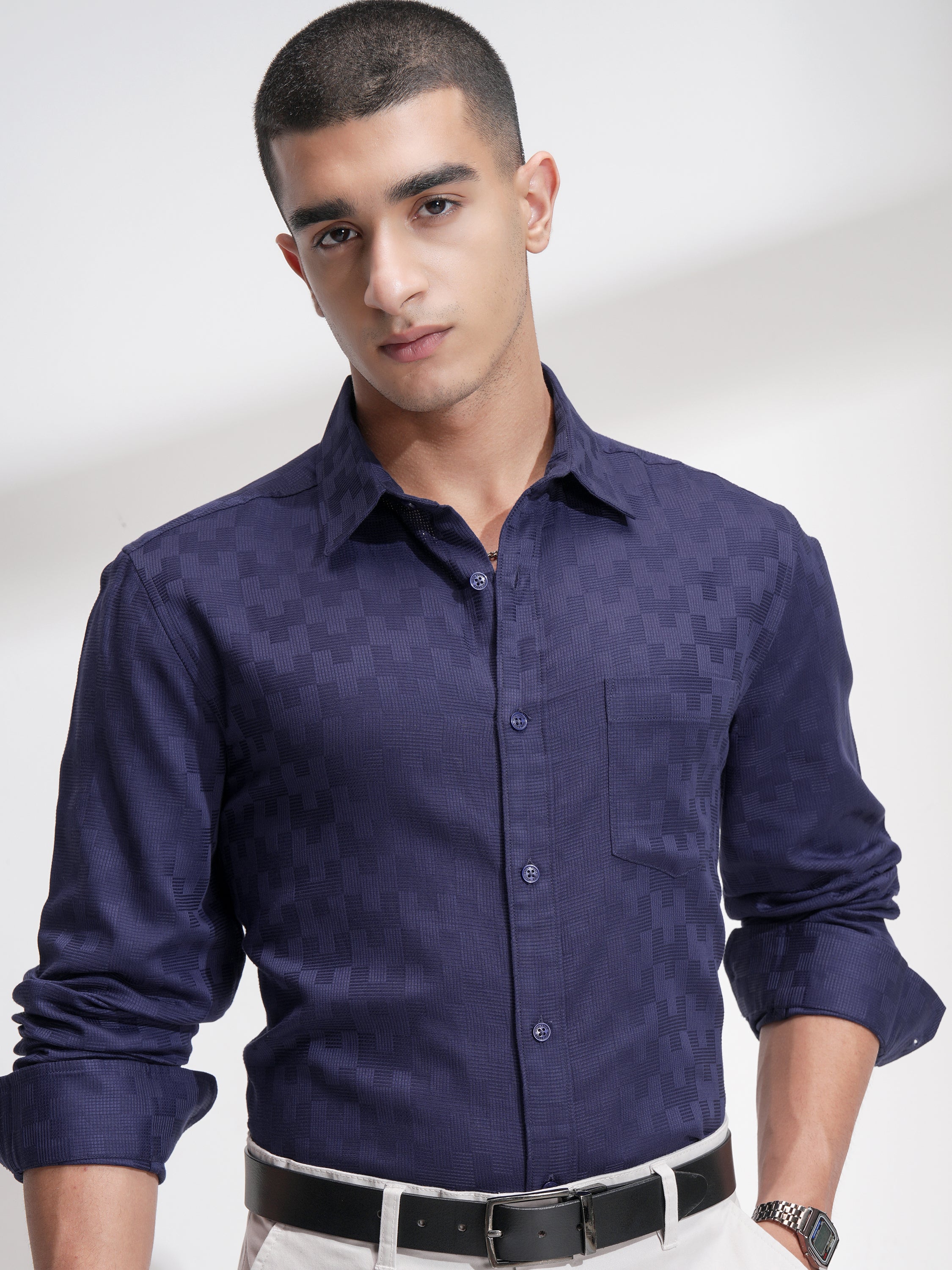 Highlander Men Navy Blue Self Design Slim Fit Casual Shirt - Navy Blue - Image 1