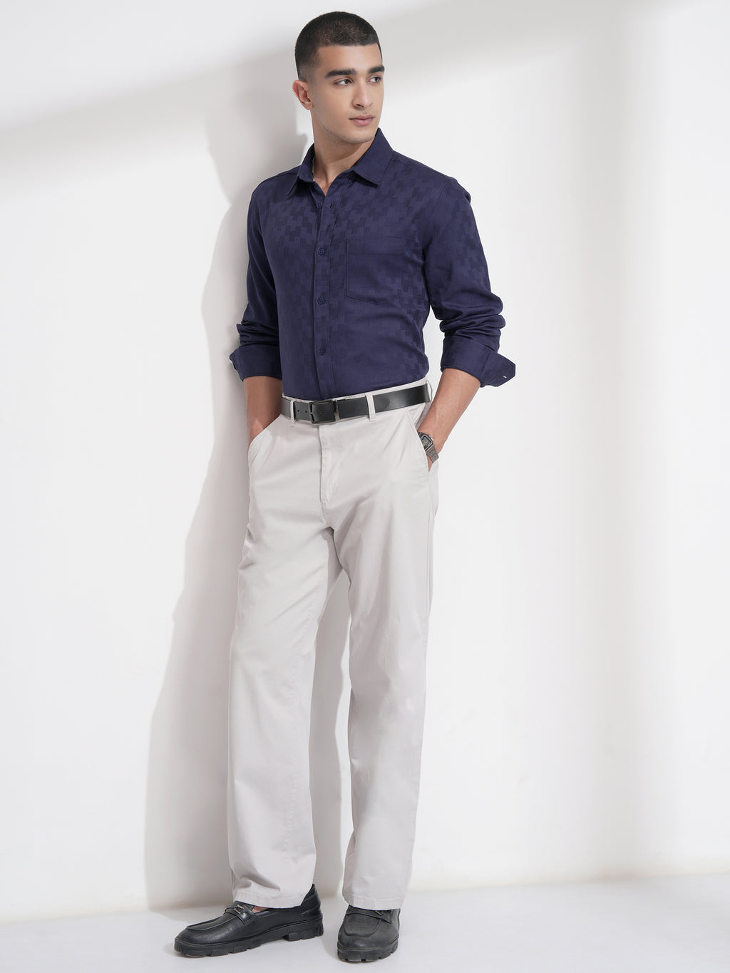 Highlander Men Navy Blue Self Design Slim Fit Casual Shirt - Navy Blue - Image 2