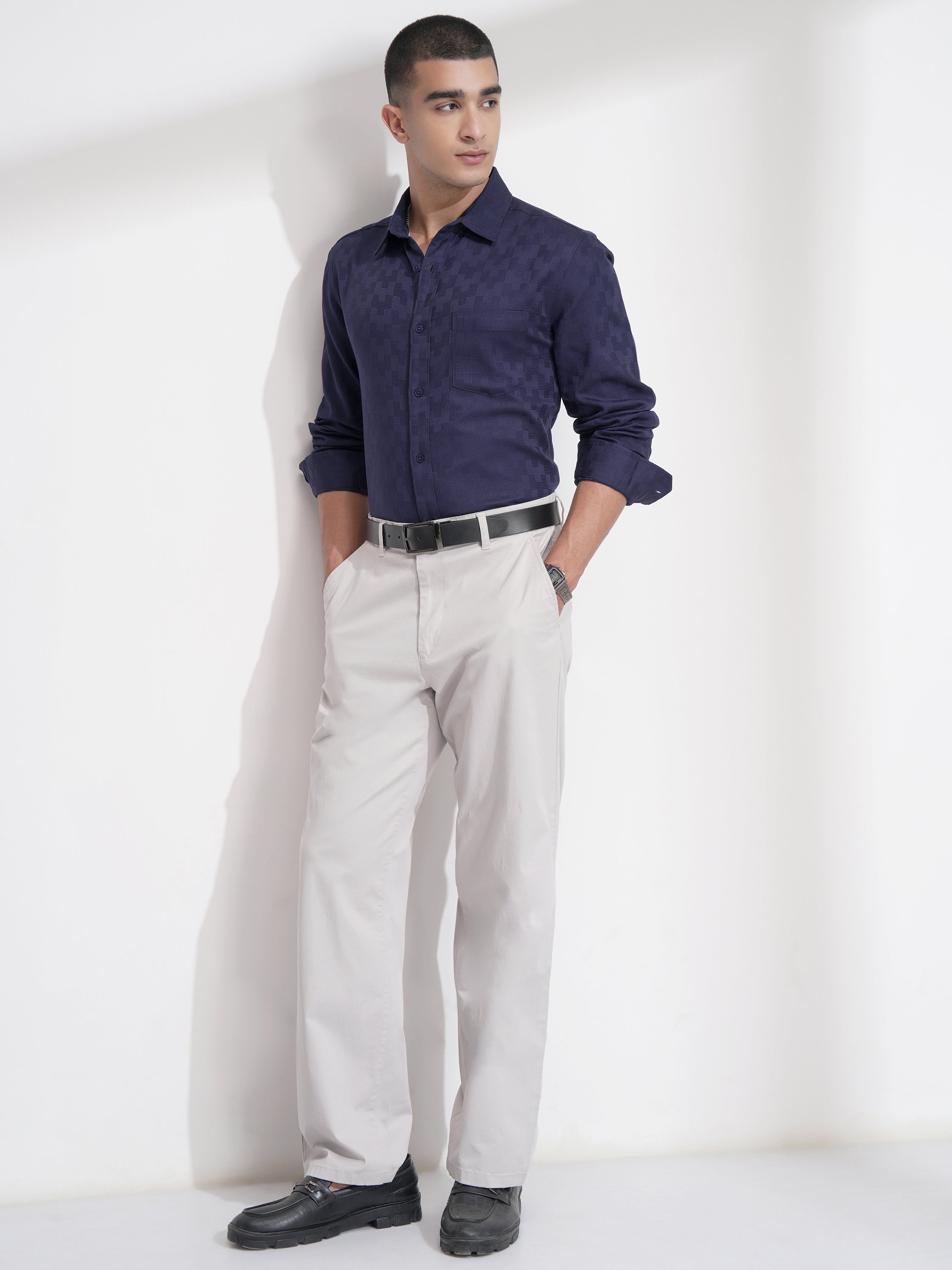 Highlander Men Navy Blue Self Design Slim Fit Casual Shirt - Navy Blue - Image 2