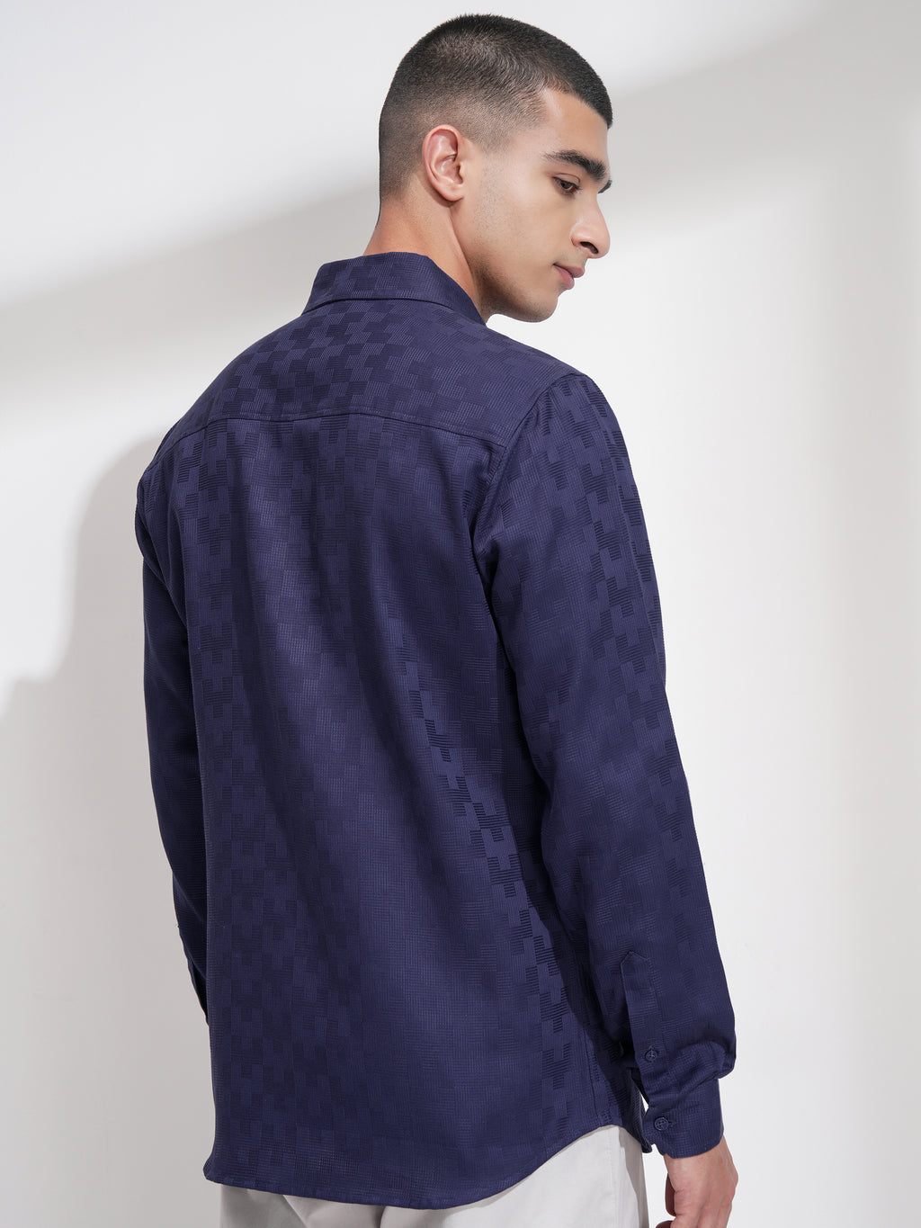 Highlander Men Navy Blue Self Design Slim Fit Casual Shirt - Navy Blue - Image 3
