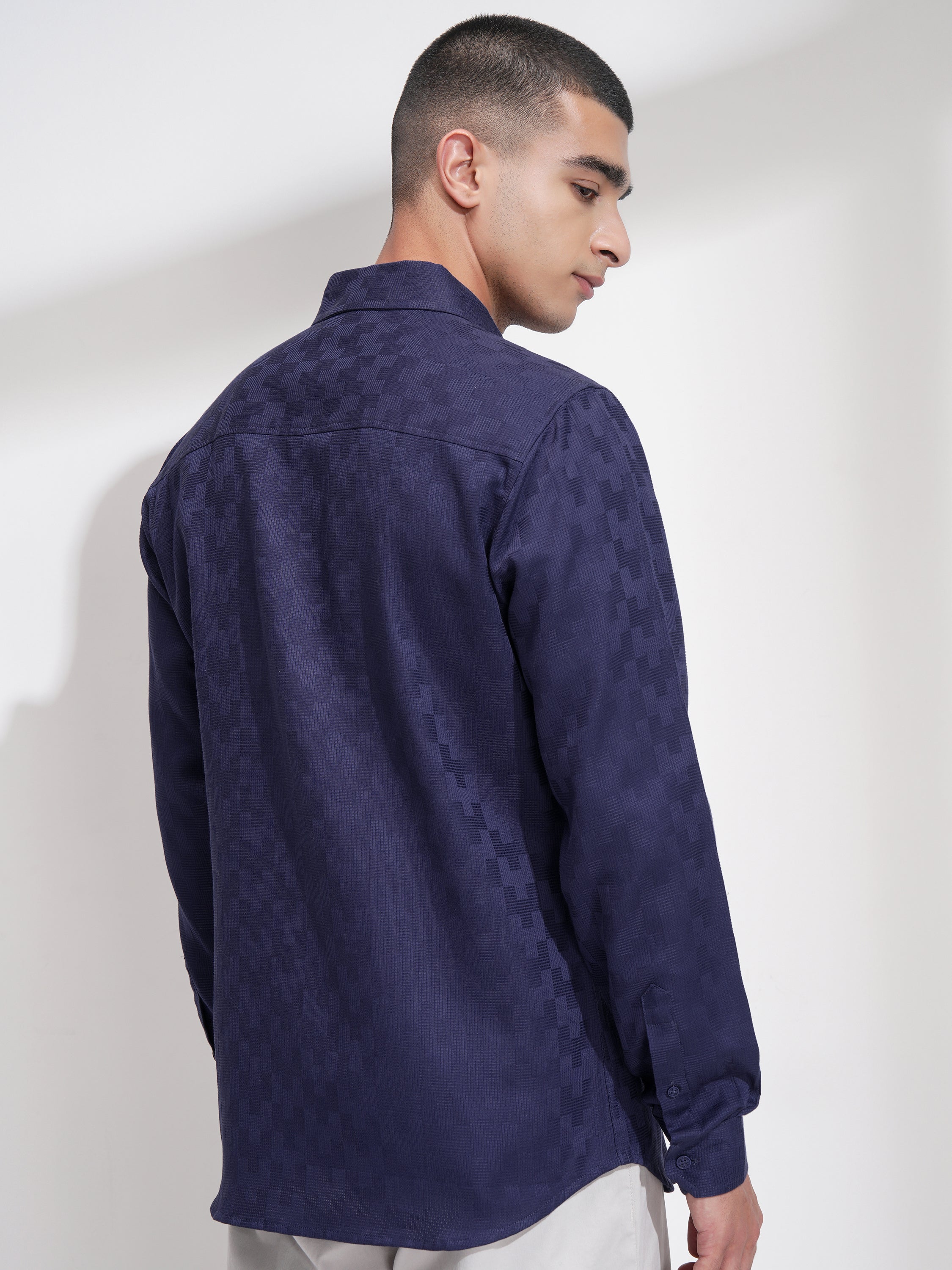 Highlander Men Navy Blue Self Design Slim Fit Casual Shirt - Navy Blue - Image 3
