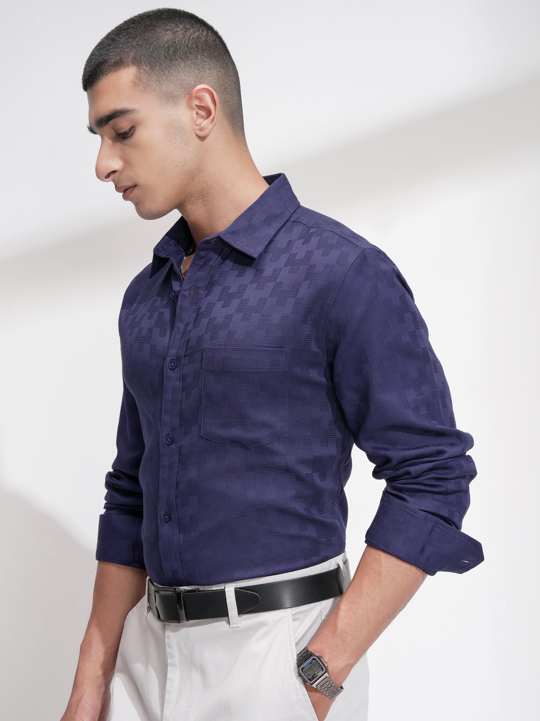 Highlander Men Navy Blue Self Design Slim Fit Casual Shirt - Navy Blue - Image 4