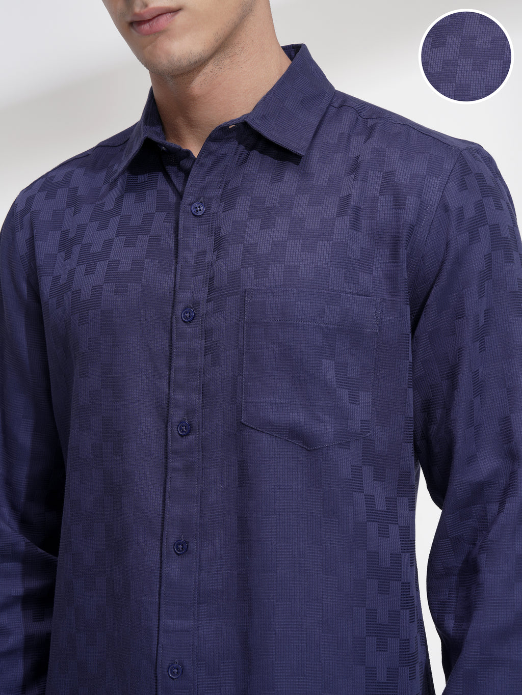 Highlander Men Navy Blue Self Design Slim Fit Casual Shirt - Navy Blue - Image 5