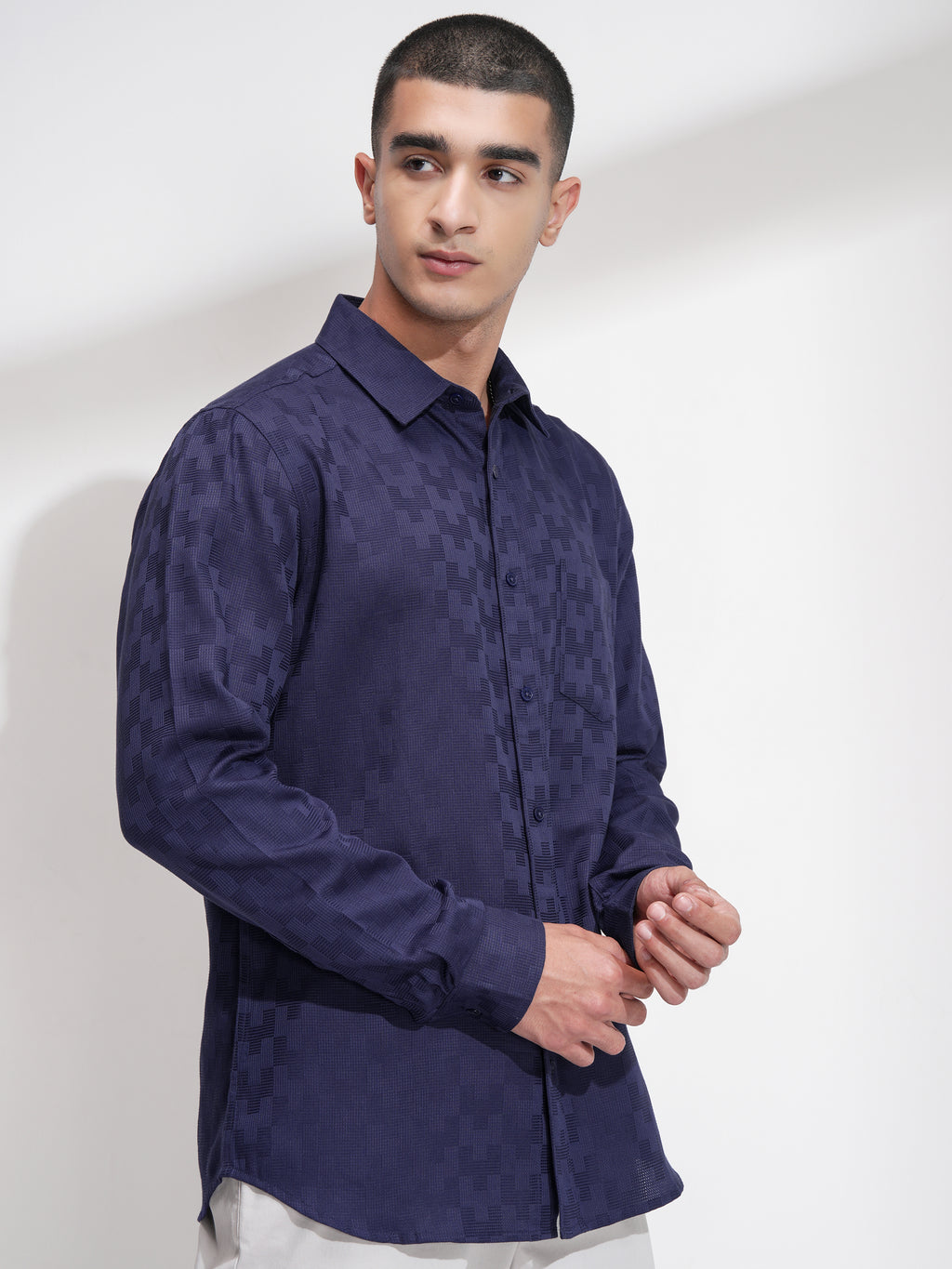 Highlander Men Navy Blue Self Design Slim Fit Casual Shirt - Navy Blue - Image 6