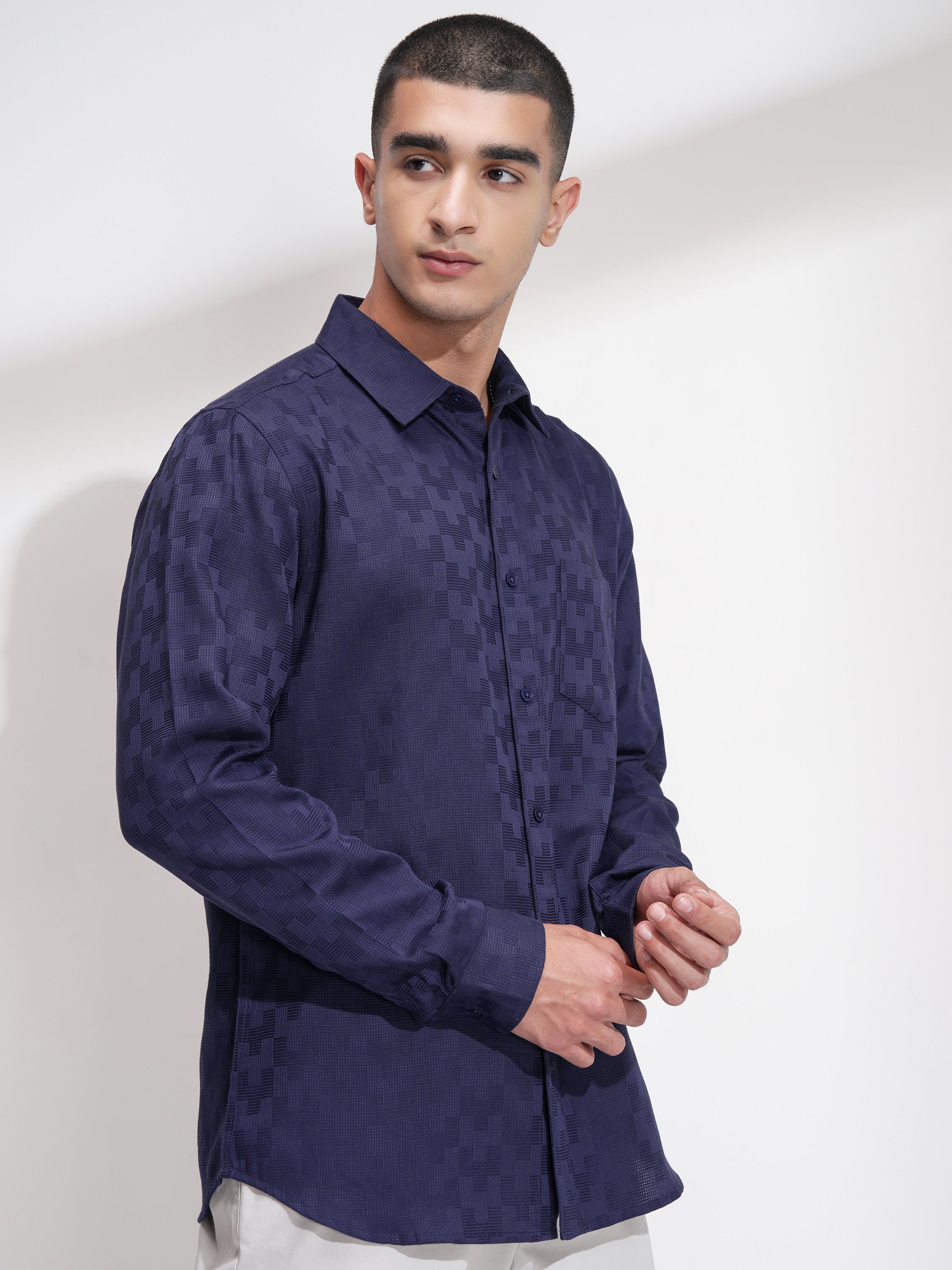 Highlander Men Navy Blue Self Design Slim Fit Casual Shirt - Navy Blue - Image 6