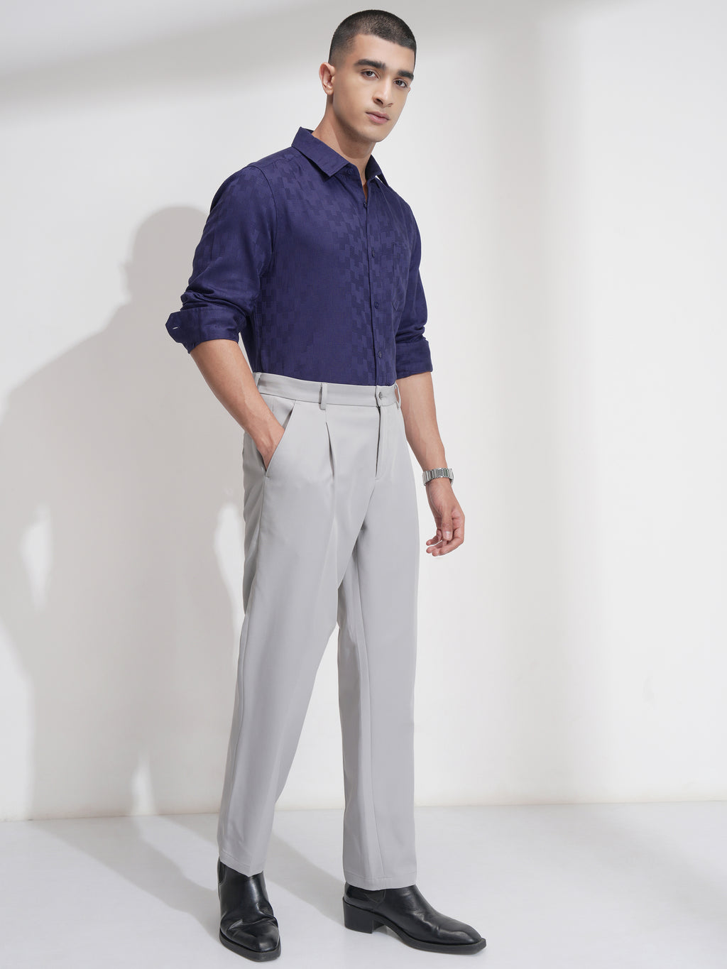 Highlander Men Navy Blue Self Design Slim Fit Casual Shirt - Navy Blue - Image 2