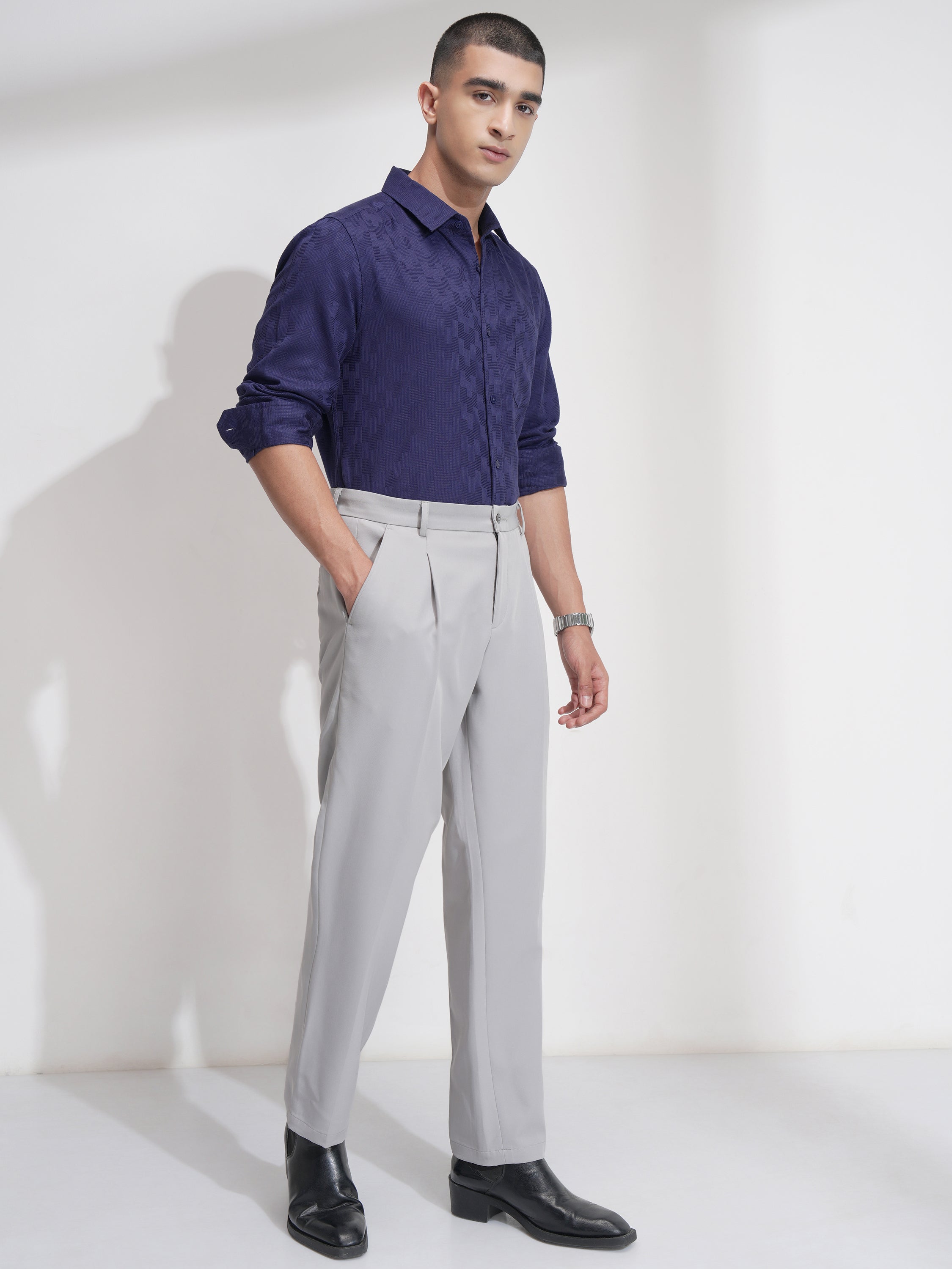 Highlander Men Navy Blue Self Design Slim Fit Casual Shirt - Navy Blue - Image 2