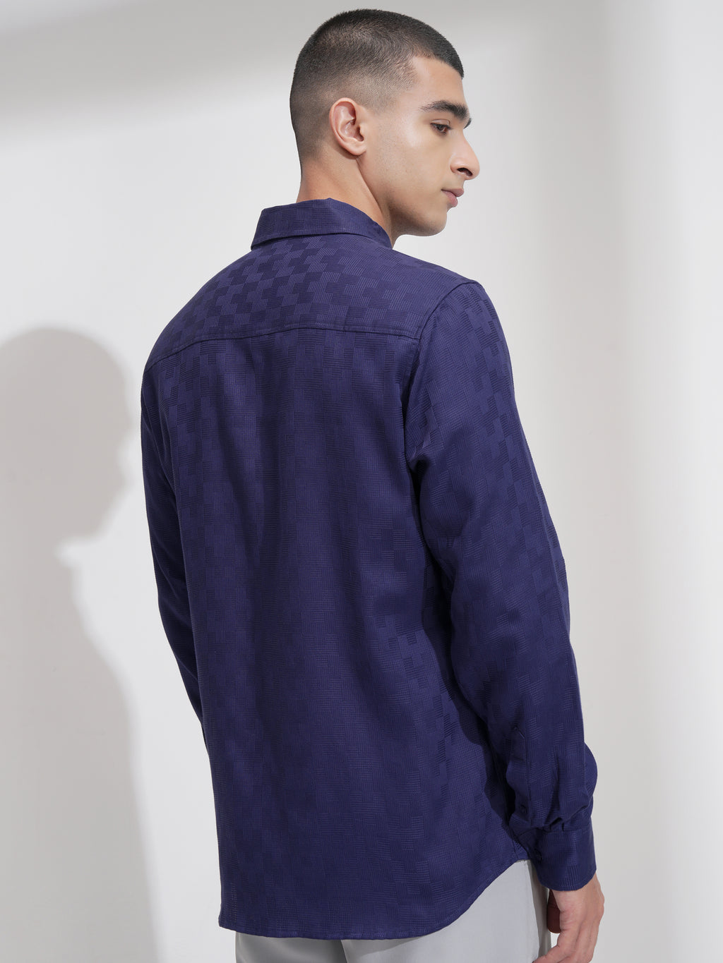 Highlander Men Navy Blue Self Design Slim Fit Casual Shirt - Navy Blue - Image 3