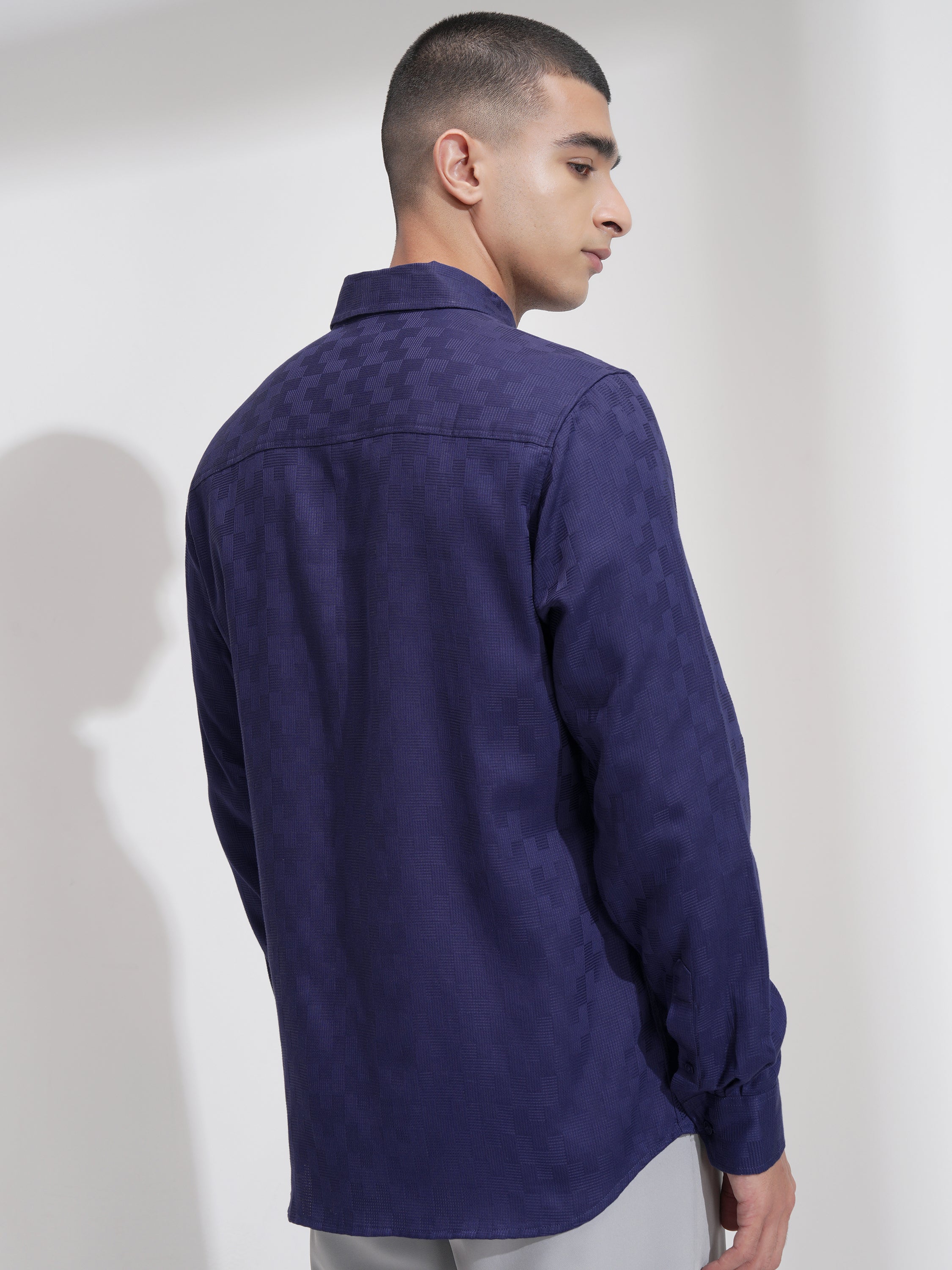 Highlander Men Navy Blue Self Design Slim Fit Casual Shirt - Navy Blue - Image 3