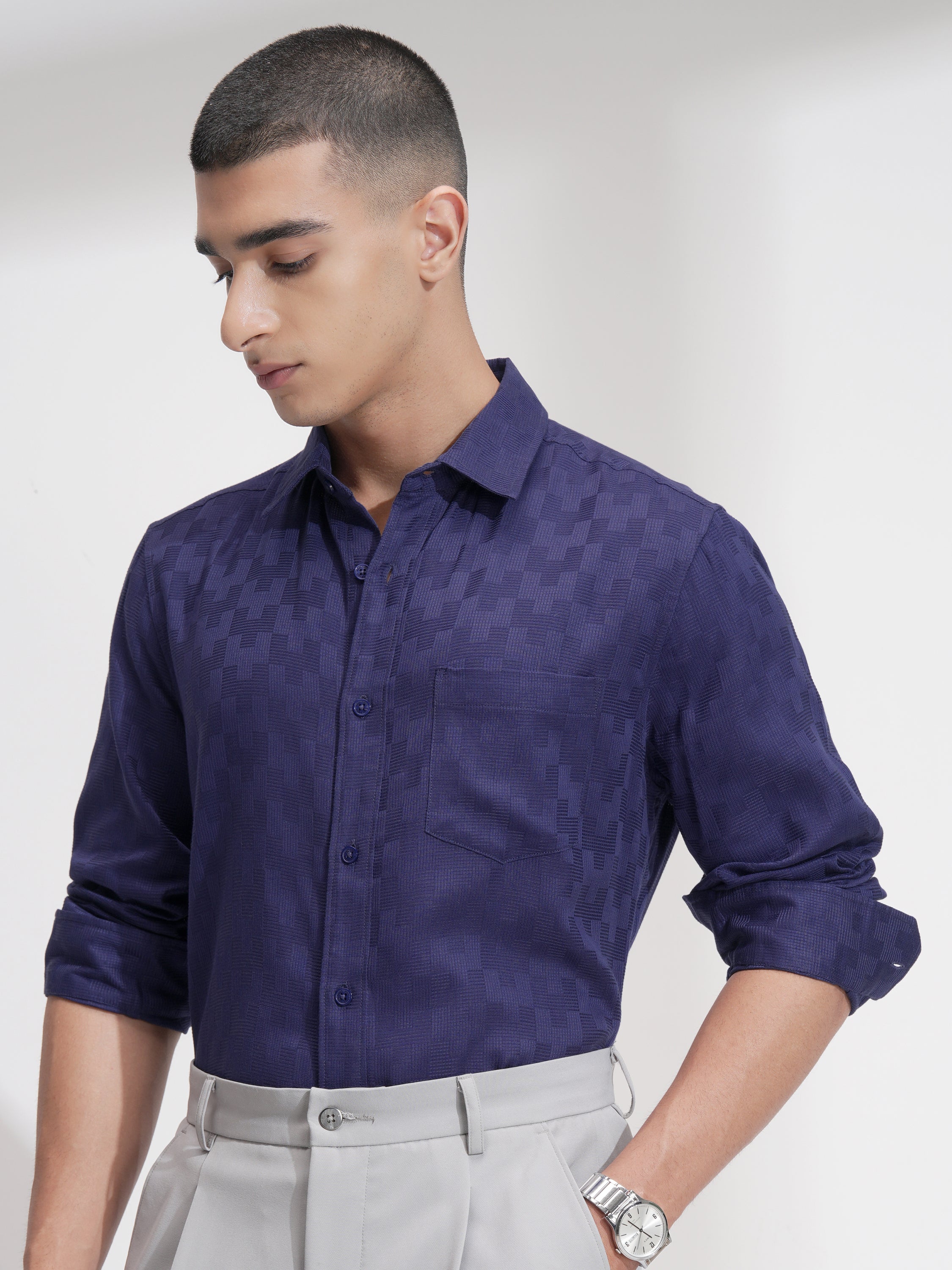 Highlander Men Navy Blue Self Design Slim Fit Casual Shirt - Navy Blue - Image 4