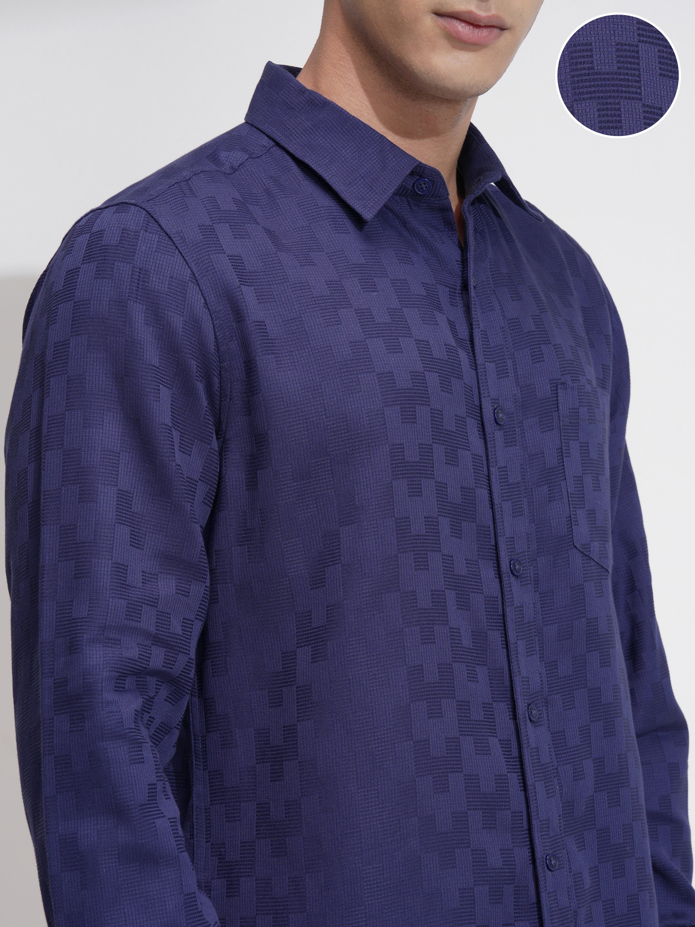 Highlander Men Navy Blue Self Design Slim Fit Casual Shirt - Navy Blue - Image 5