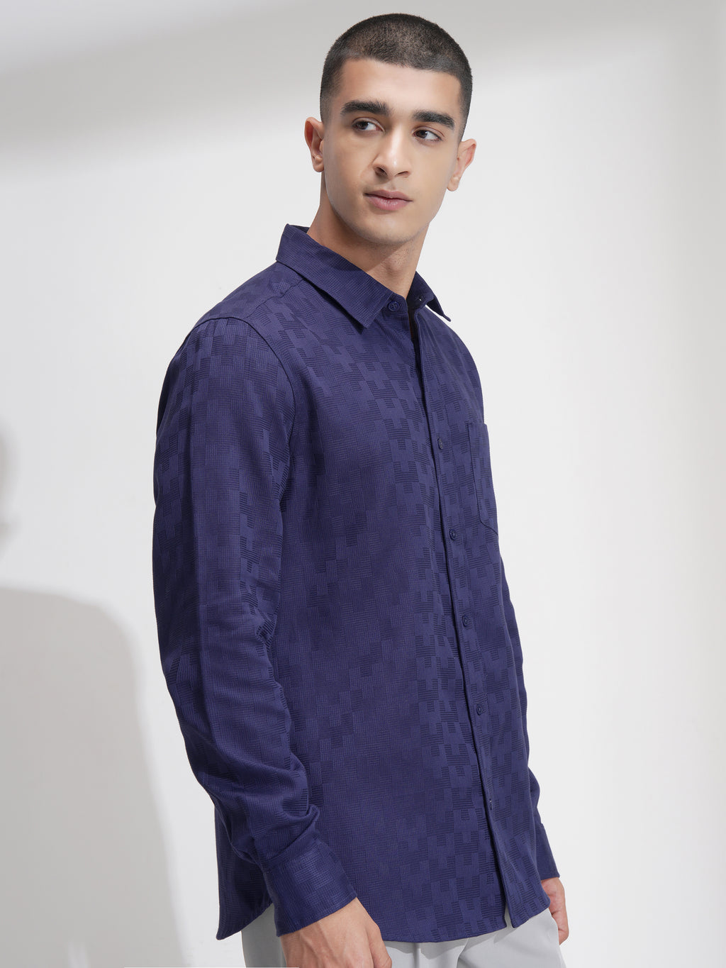 Highlander Men Navy Blue Self Design Slim Fit Casual Shirt - Navy Blue - Image 6