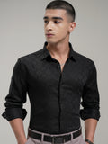 Highlander Men Black Self Design Slim Fit Casual Shirt - Black - Image 1
