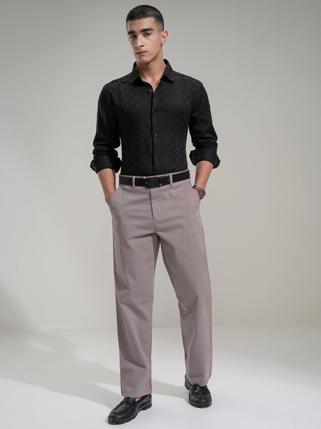 Highlander Men Black Self Design Slim Fit Casual Shirt - Black - Image 2