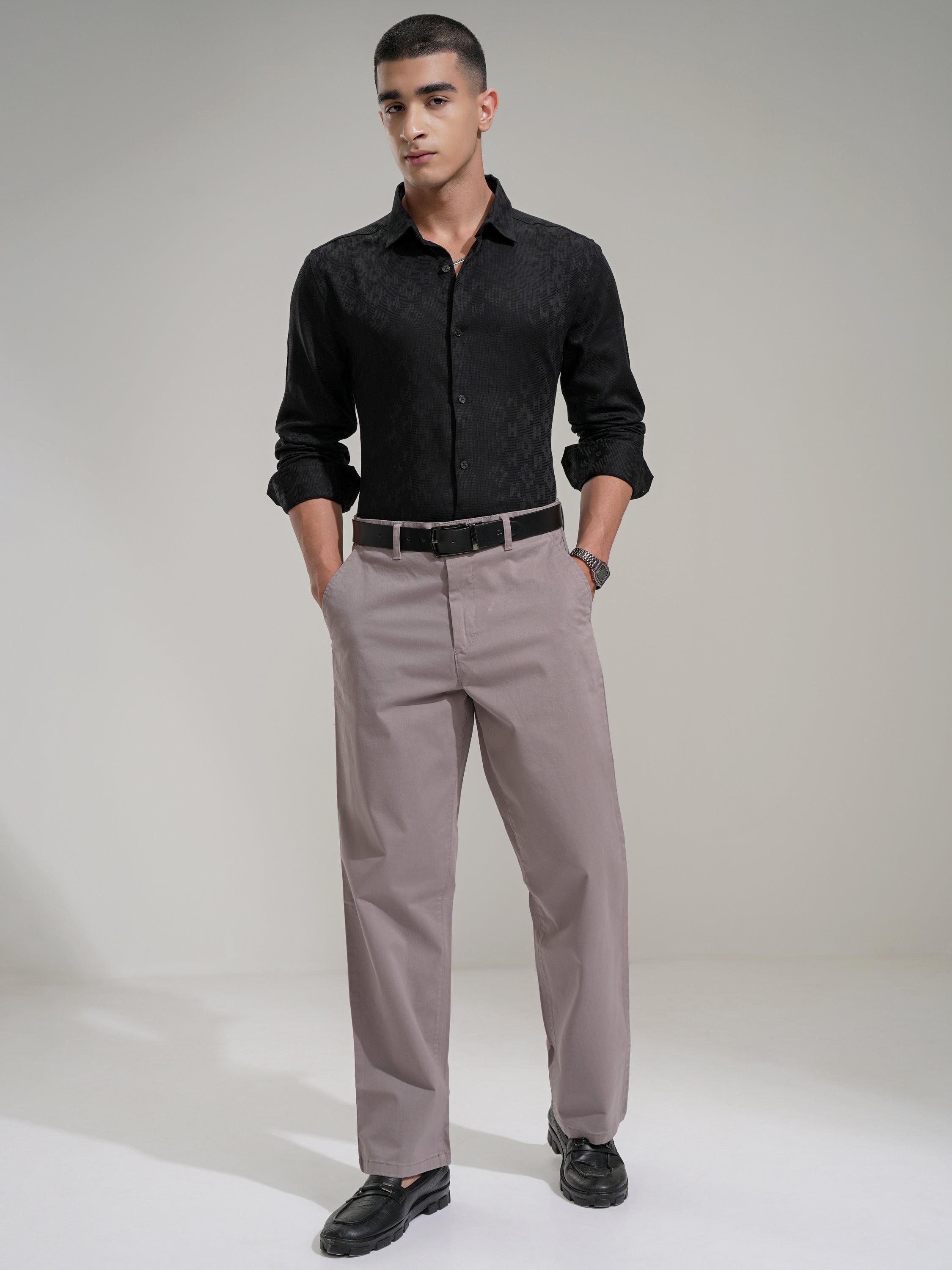 Highlander Men Black Self Design Slim Fit Casual Shirt - Black - Image 2