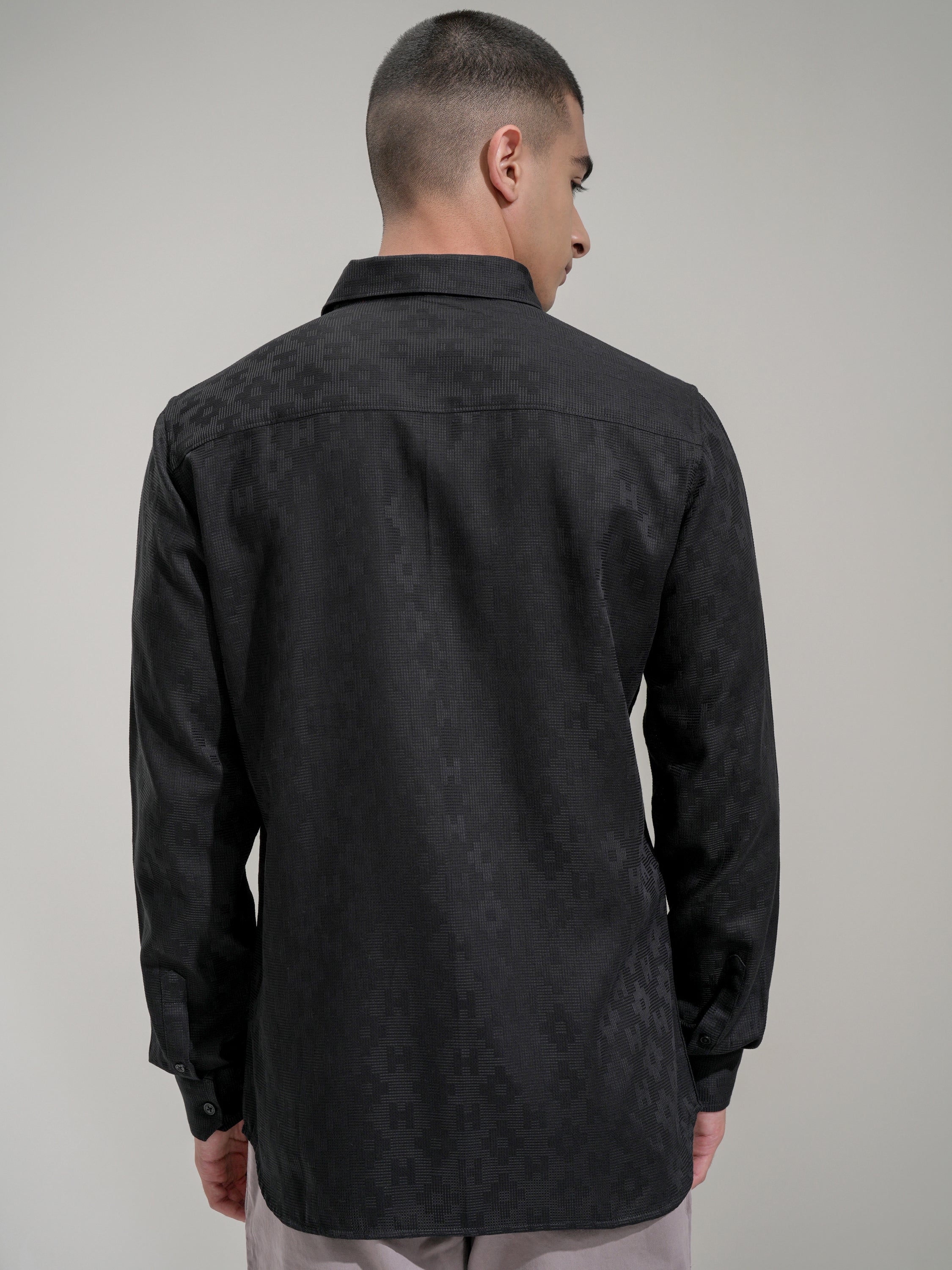 Highlander Men Black Self Design Slim Fit Casual Shirt - Black - Image 3