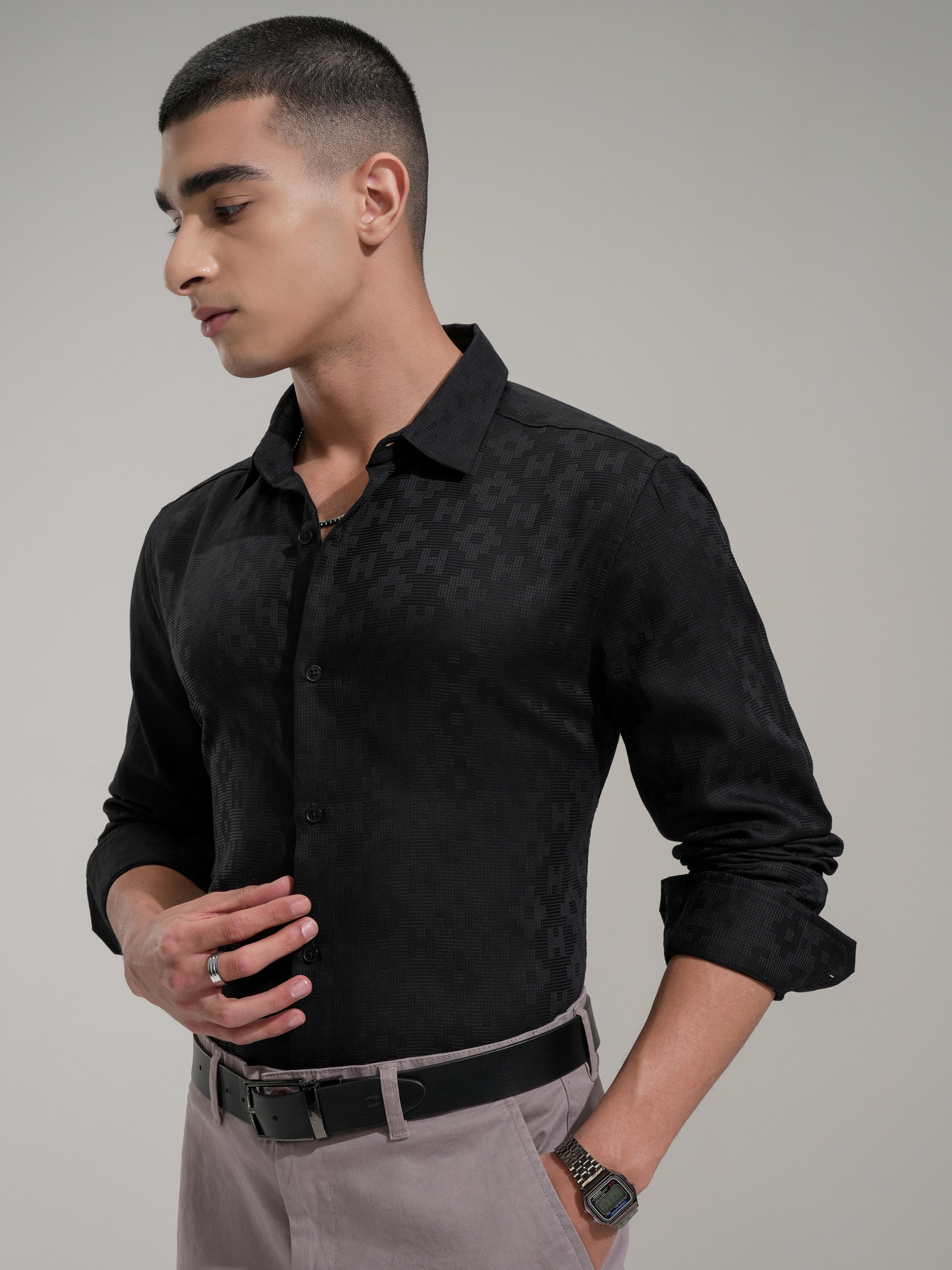 Highlander Men Black Self Design Slim Fit Casual Shirt - Black - Image 4