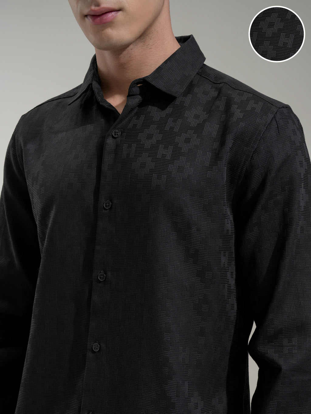 Highlander Men Black Self Design Slim Fit Casual Shirt - Black - Image 5