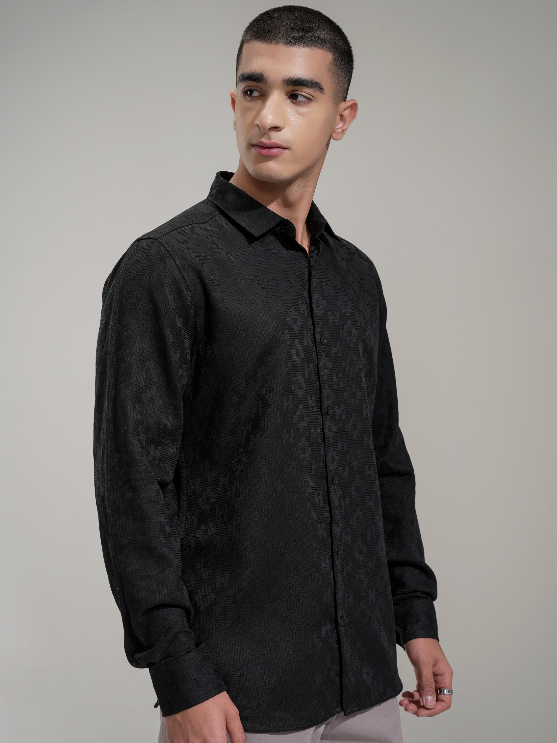 Highlander Men Black Self Design Slim Fit Casual Shirt - Black - Image 6