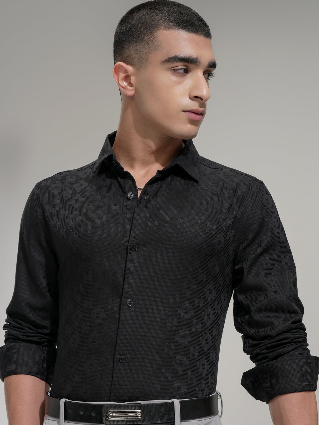 Highlander Men Black Self Design Slim Fit Casual Shirt - Black - Image 1