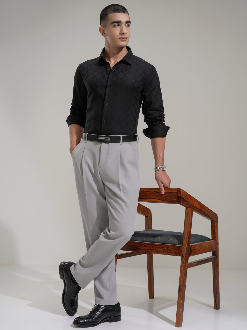 Highlander Men Black Self Design Slim Fit Casual Shirt - Black - Image 2
