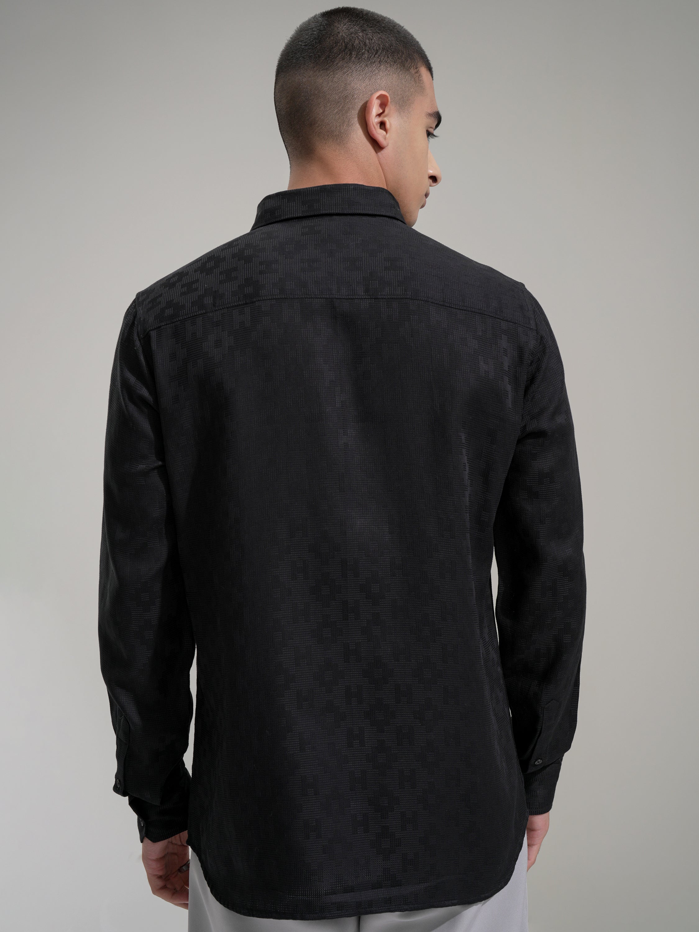 Highlander Men Black Self Design Slim Fit Casual Shirt - Black - Image 3