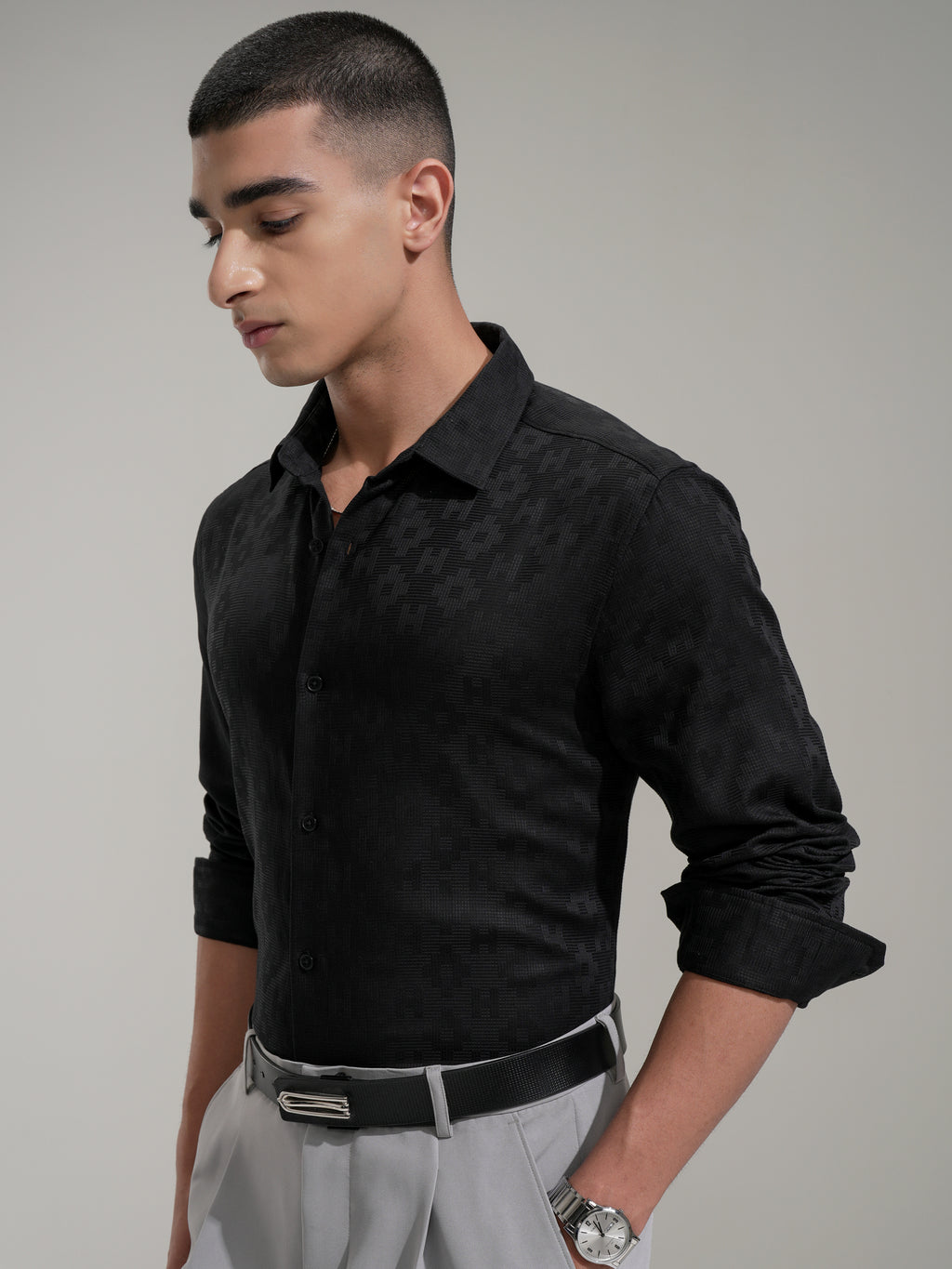 Highlander Men Black Self Design Slim Fit Casual Shirt - Black - Image 4