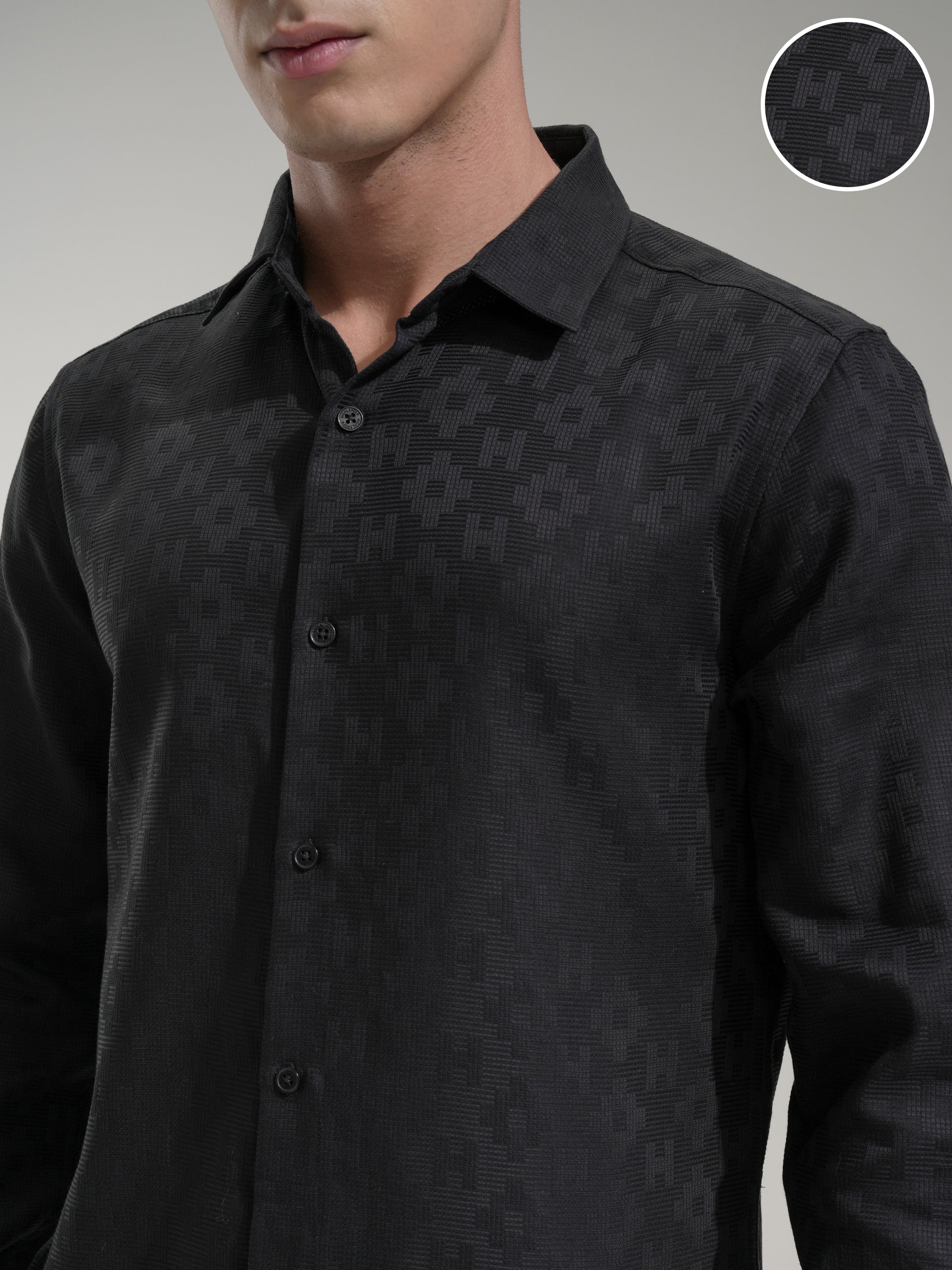 Highlander Men Black Self Design Slim Fit Casual Shirt - Black - Image 5