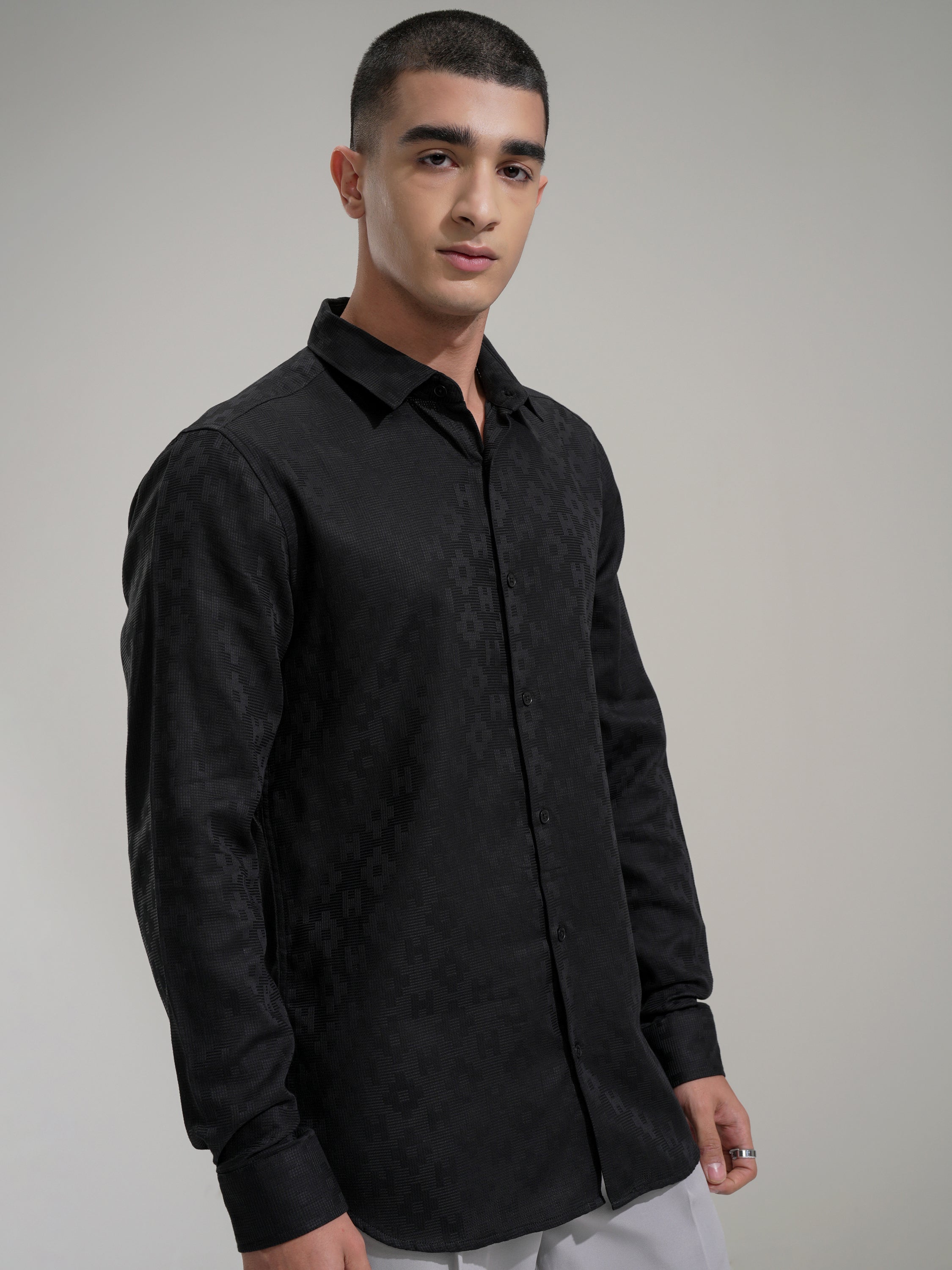 Highlander Men Black Self Design Slim Fit Casual Shirt - Black - Image 6
