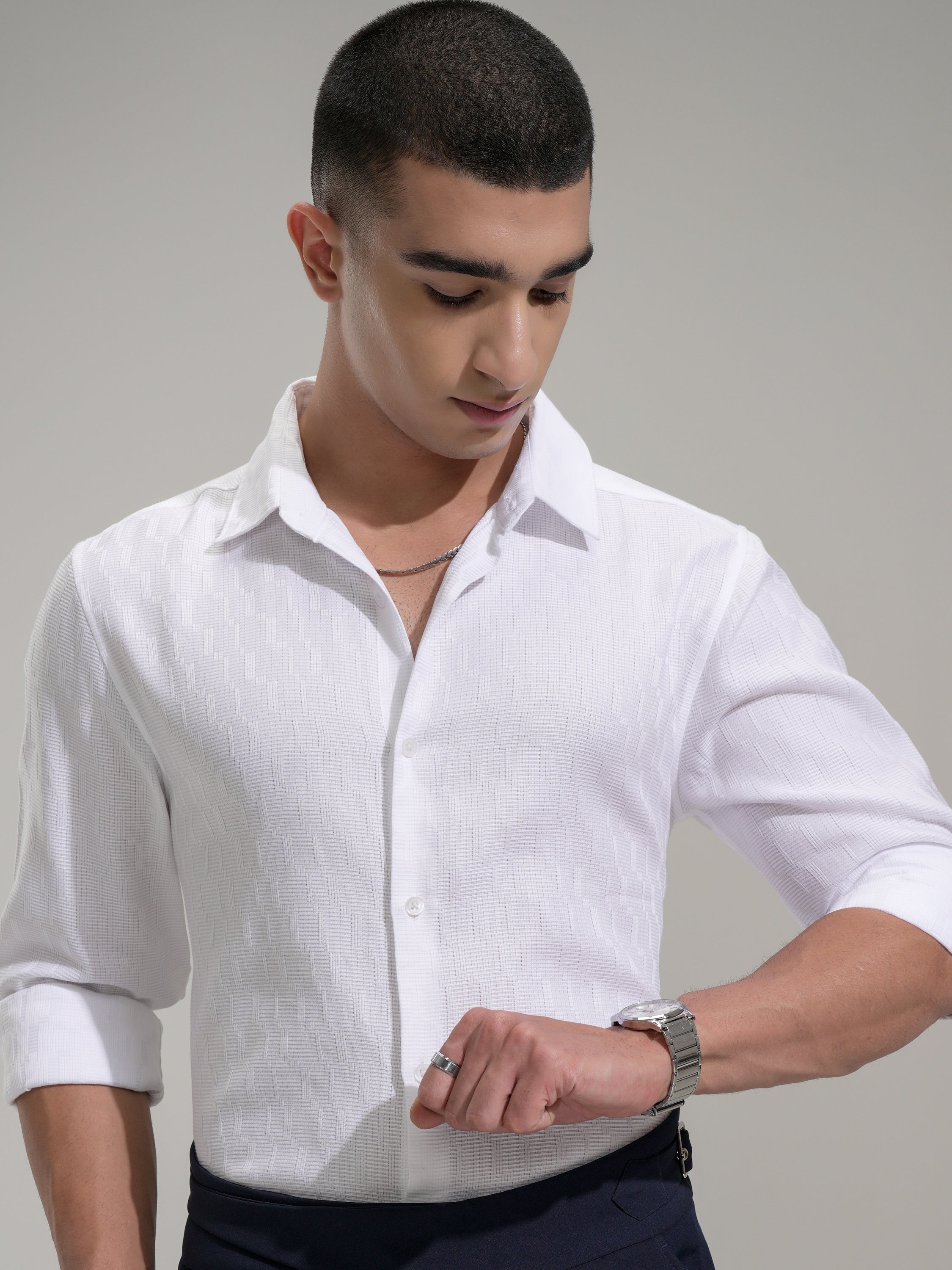 Highlander Men White Self Design Slim Fit Casual Shirt - White - Image 1