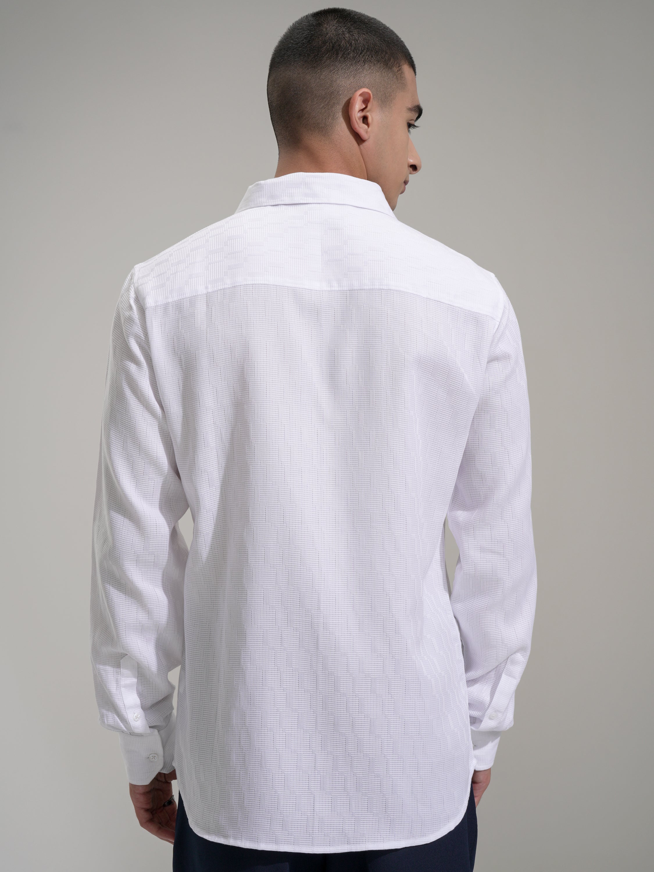 Highlander Men White Self Design Slim Fit Casual Shirt - White - Image 3
