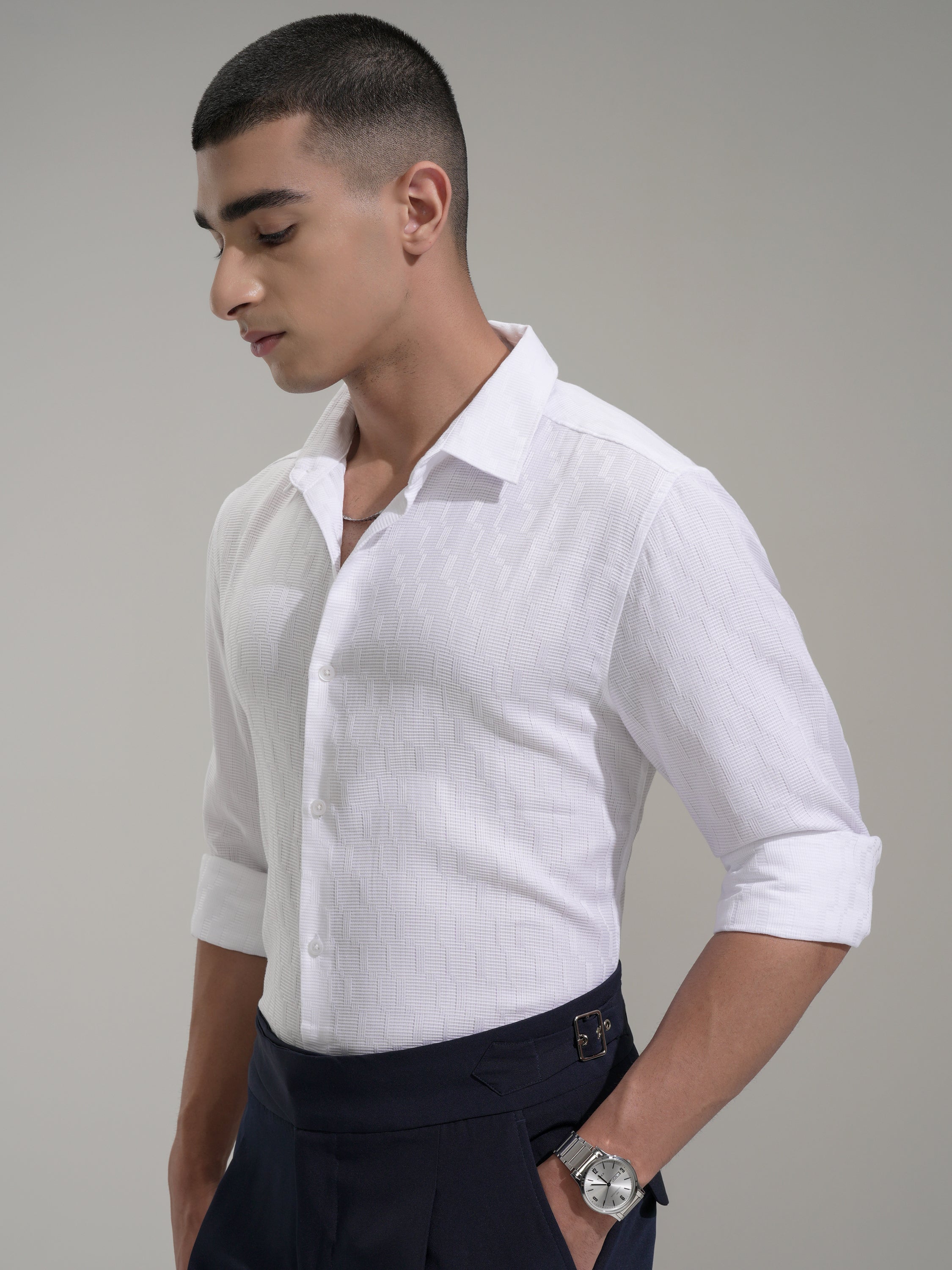 Highlander Men White Self Design Slim Fit Casual Shirt - White - Image 4